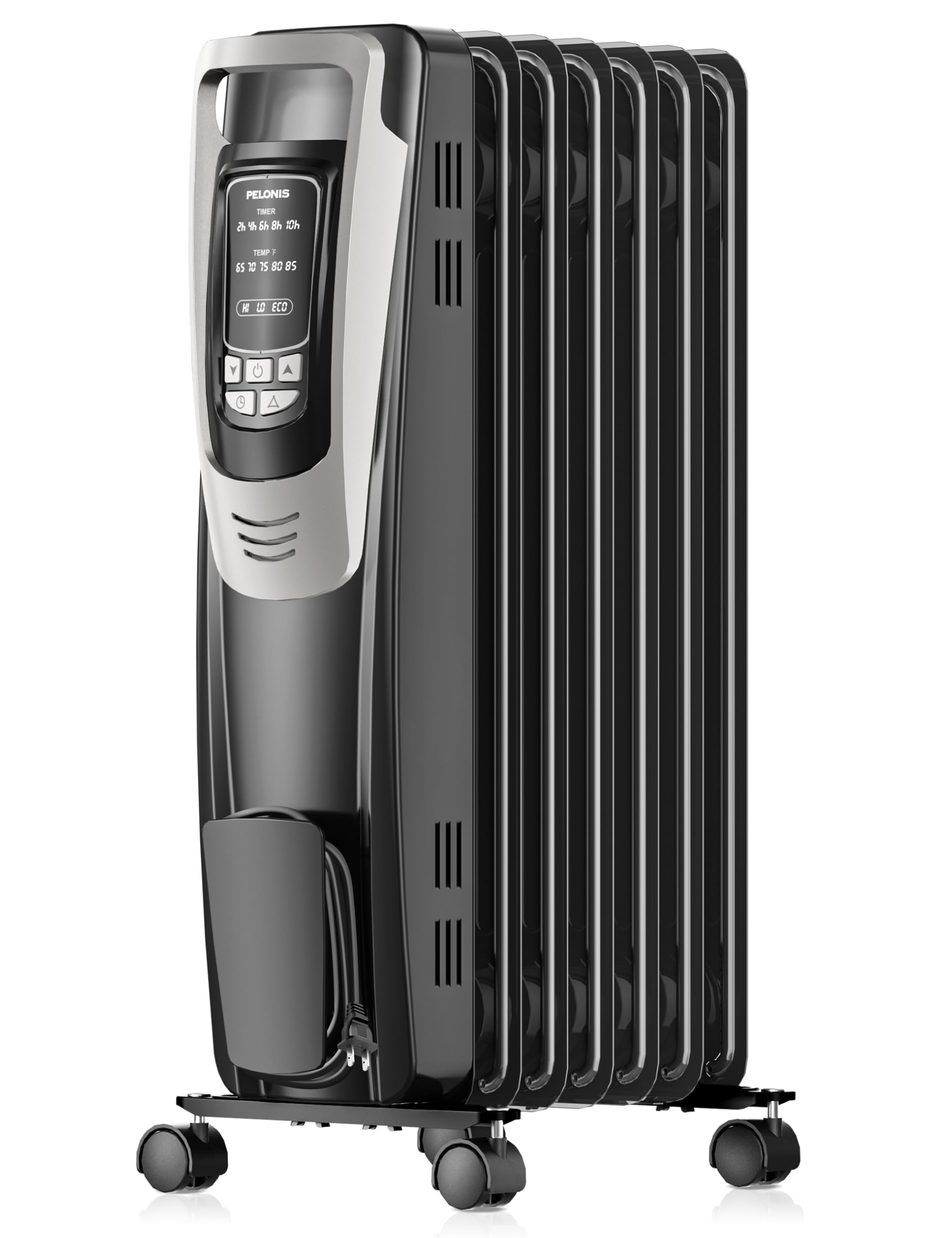 PELONIS Oil Filled Radiator Heater with Remote Control - 1500W Quiet Space Heater with Thermostat, LED Display & 5 Heat Settings - Overheat & Tip-Over Protection for Large Rooms, Bedroom, Office - Silver