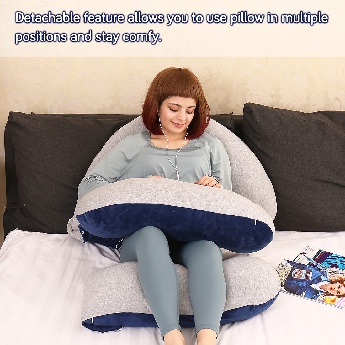 MOON PINE 60 Inch Pregnancy Pillow for Maternity Support - Detachable U-Shaped Full Body Pillow for Pregnant Women, Grey & Blue Velvet & Jersey Cover - Perfect for Side Sleeping, Back Pain Relief and Comfortable Pregnancy Sleep