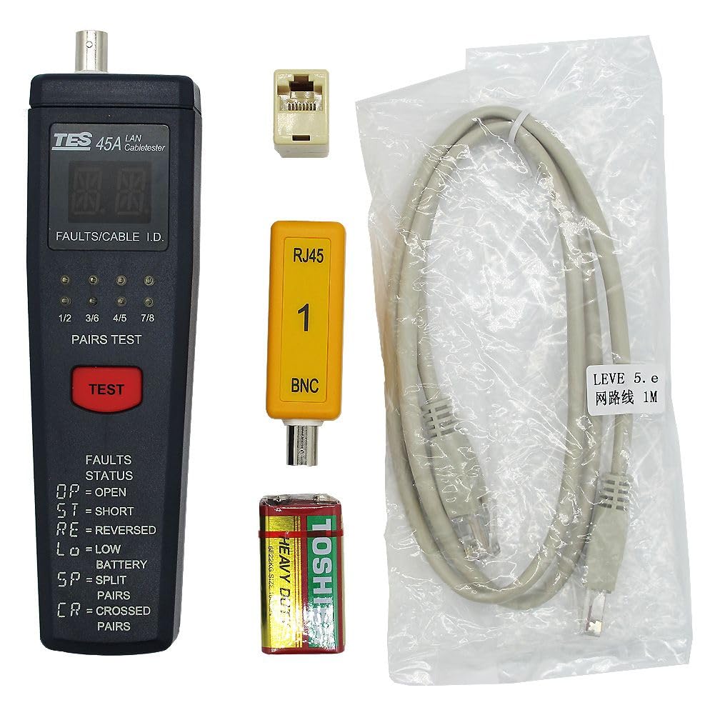 Professional TES 45A CAT-5 Ethernet Cable Tester - Network RJ45 LAN Wire Tester for Home, Office & Data Center Use - Quickly Diagnose Open, Short & Miswired Connections