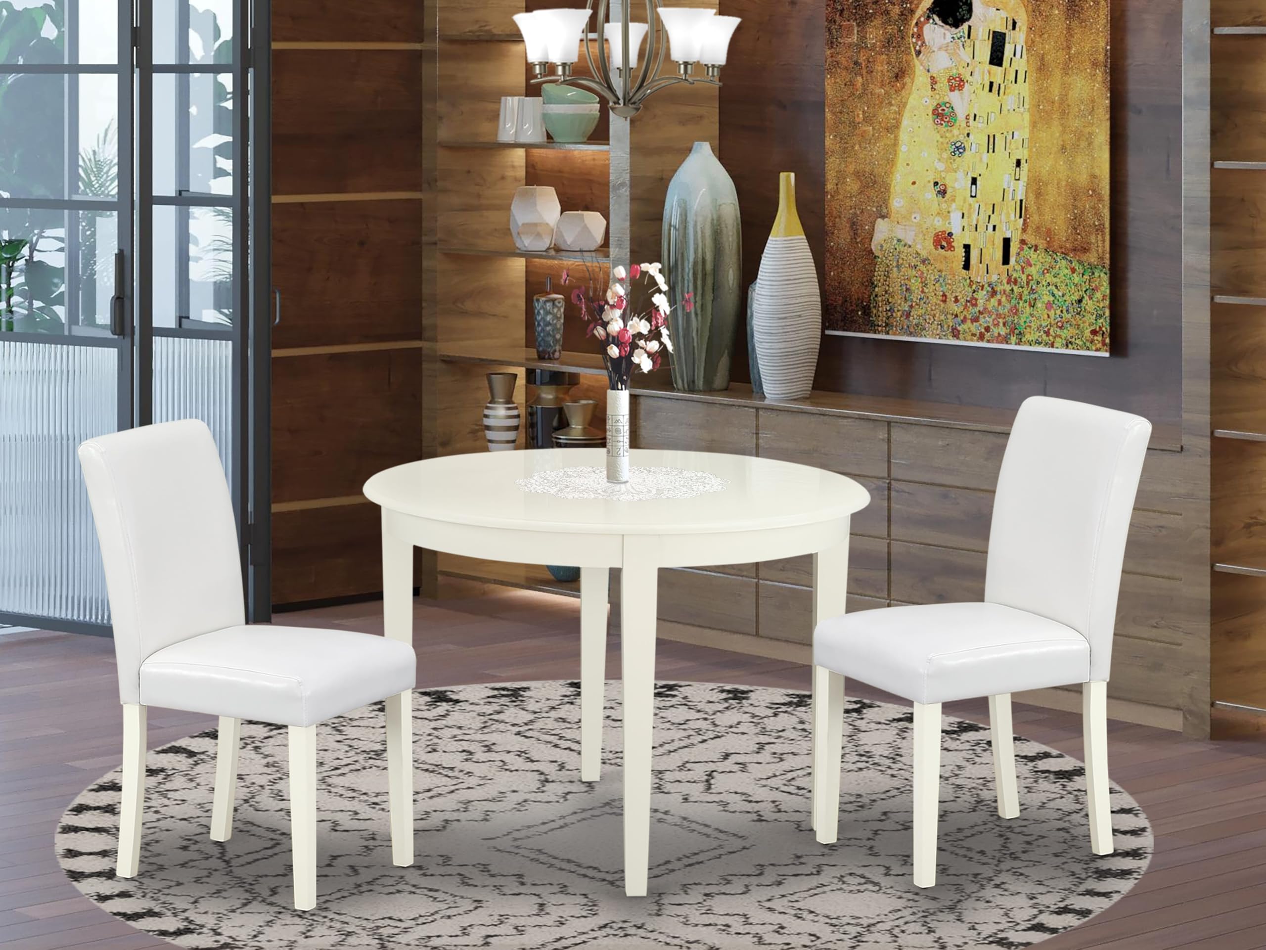 East West Furniture BOAB3-LWH-64 3 Piece Round Dining Set with 42x42 Inch Kitchen Table & 2 White Faux Leather Chairs, Linen White - Perfect for Small Spaces, Breakfast Nooks & Cozy Apartment Dining