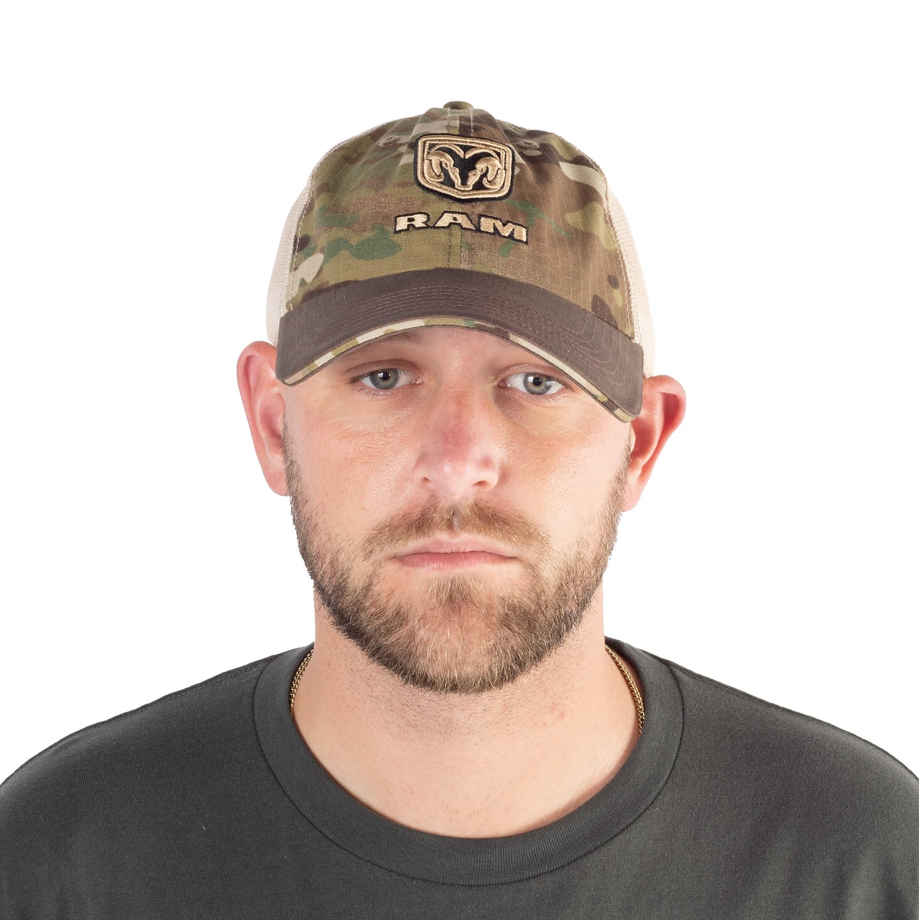 RAM Trucks Logo Shield Camo Trucker Hat - Structured 6-Panel Cap, One Size - Perfect for Outdoor Adventures, Camping, and Casual Wear