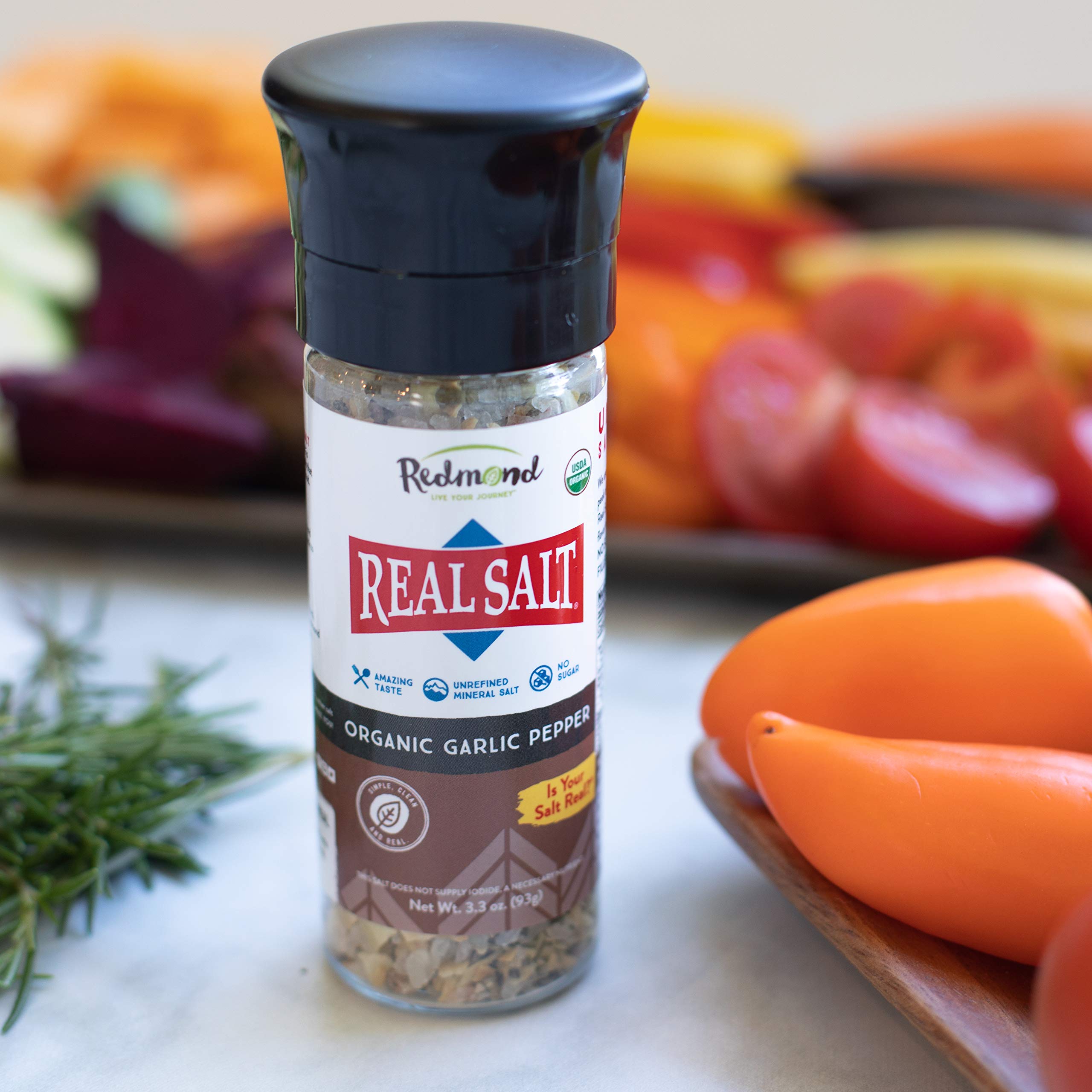 Redmond Real Sea Salt - Natural Unrefined Organic, Gluten-Free Coarse Salt with Grinder (Lemon Pepper & Garlic Pepper) | Perfect for Cooking, Seasoning & Gourmet Meals