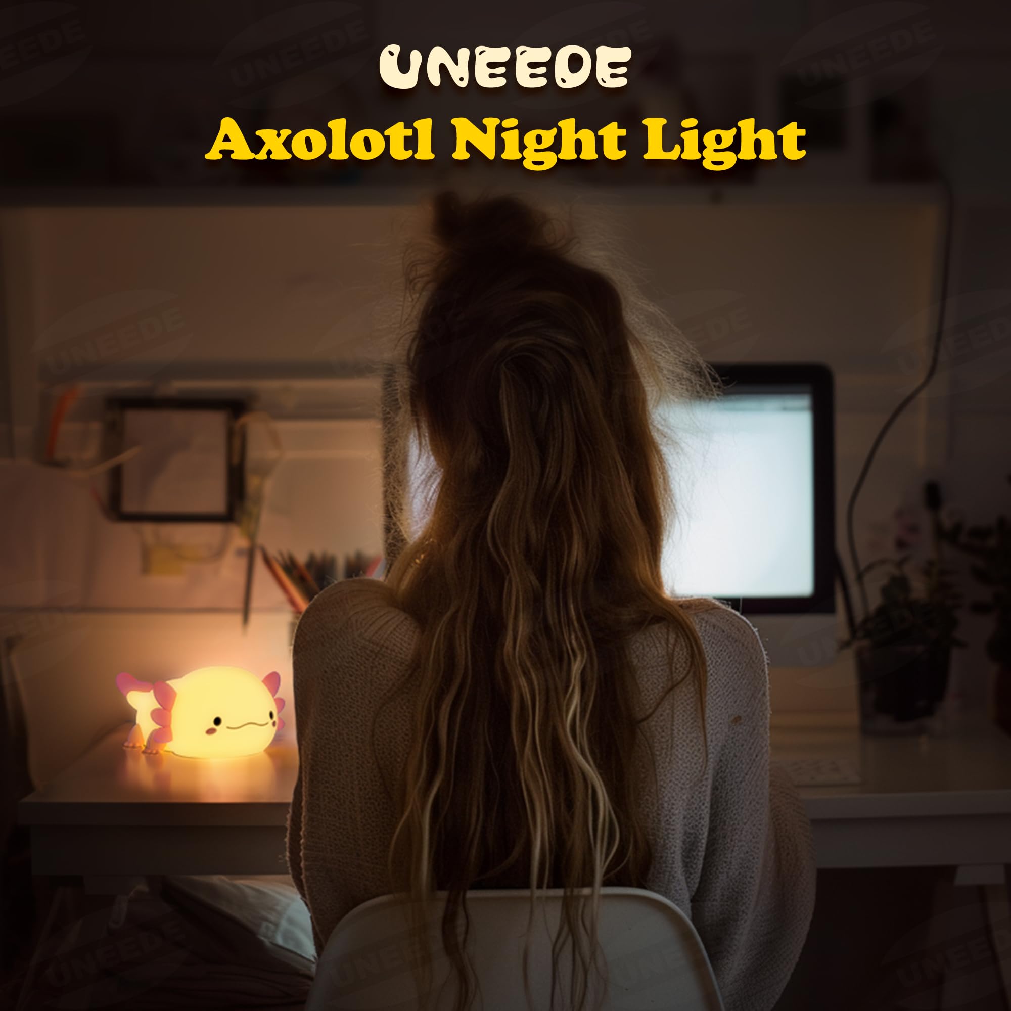 UNNEEDE Axolotl Night Light for Kids - Rechargeable Silicone Animal Nursery Lamp, Cute Bedside Table Light for Bedroom, Living Room & Desk Decor | Perfect Gift for Boys & Girls | Creates Soothing Ambiance for Sleep, Study & Relaxation