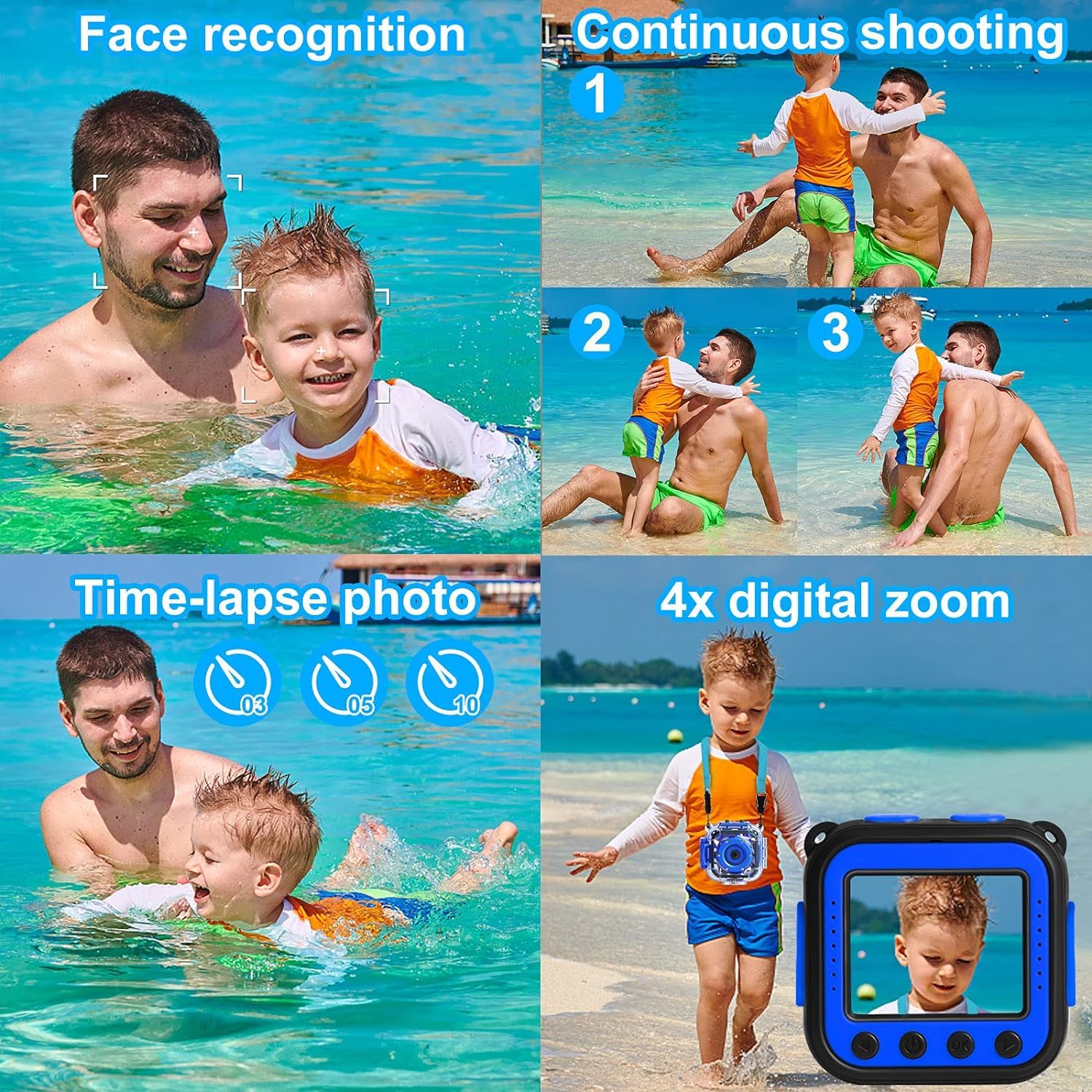 PROGRACE Kids Waterproof Digital Camera - 1080P HD Action Video Camera for Children, Durable Underwater Camera for Boys & Girls - Perfect Birthday, Christmas & New Year Gift (Blue) - Great for Swimming, Beach Trips & Outdoor Adventures