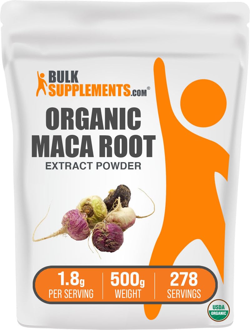 Organic Maca Root Extract Powder - Vegan & Gluten Free Maca Supplement, 500g (1.1 lbs) - Energy Booster for Workouts, Stress Relief & Hormonal Balance - BulkSupplements.com