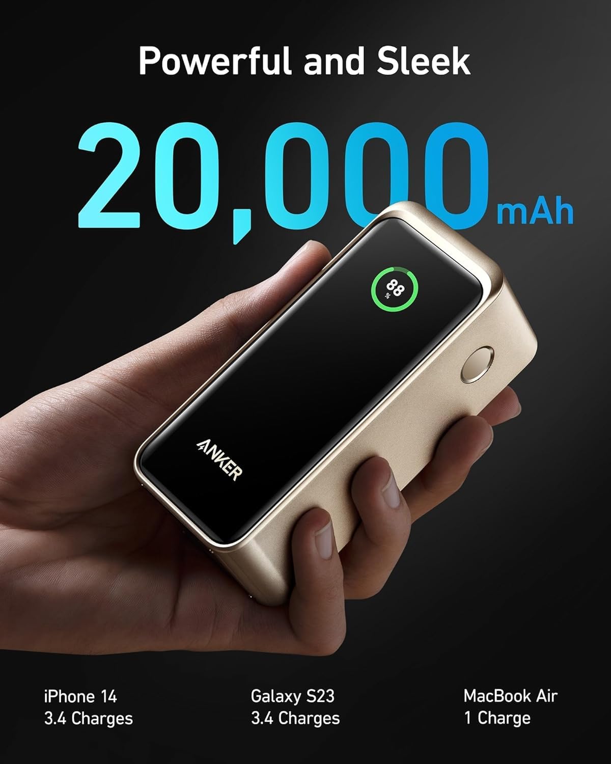 Anker Prime 20000mAh 200W Power Bank with Digital Display - Dual USB-C & USB-A Ports - Fast Charging for iPhone 14/13, Samsung Galaxy, MacBook, Dell Laptops - Portable Charger for Travel, Camping, Work & Emergency Backup (Gold)