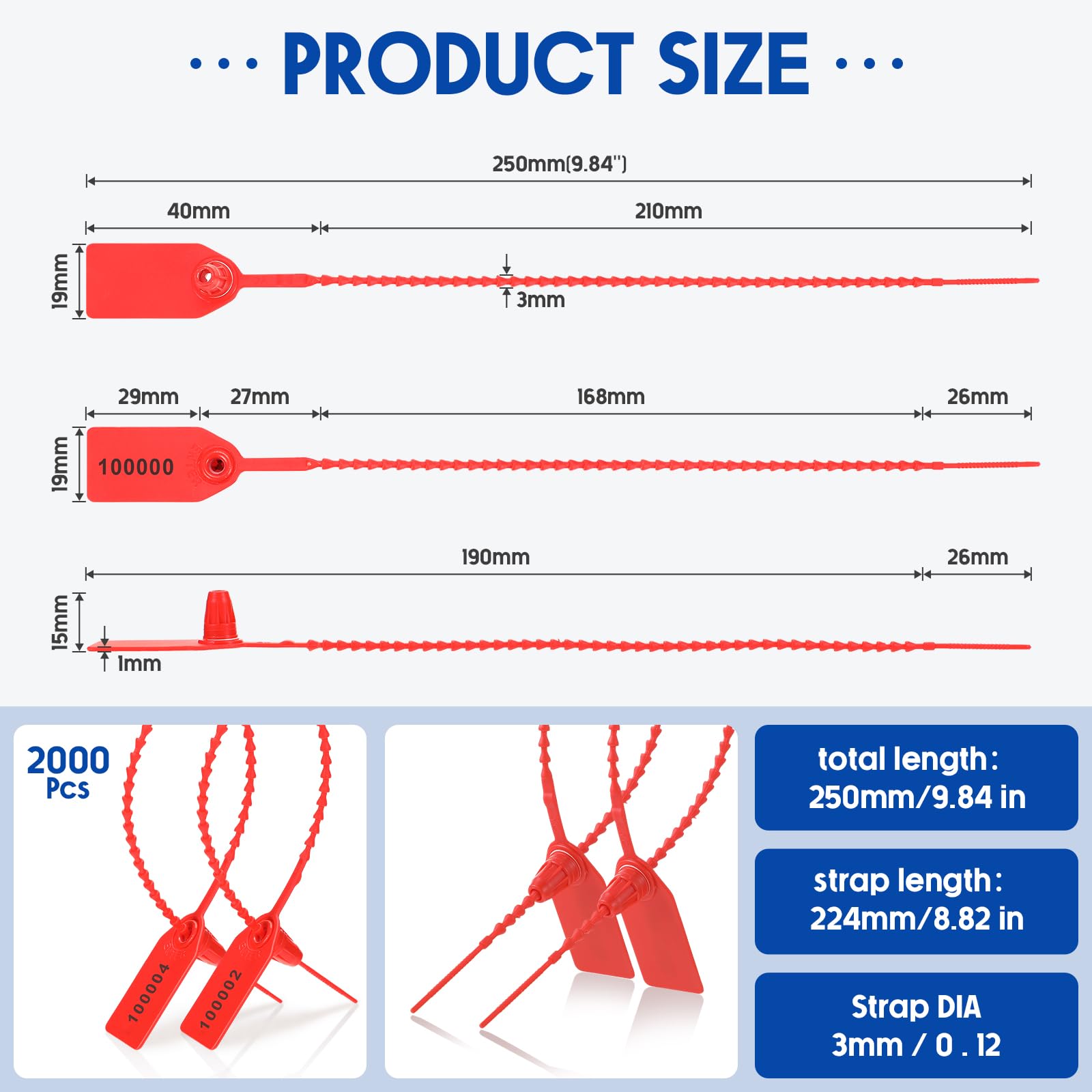 Roowest 2000 Pcs Plastic Tamper Proof Security Seals - Numbered Disposable Self-Locking Zip Ties for Fire Extinguishers, Equipment & Safety Signage (250mm Length, Red) | Ideal for Industrial Use, Warehouse Security & Safety Inspections