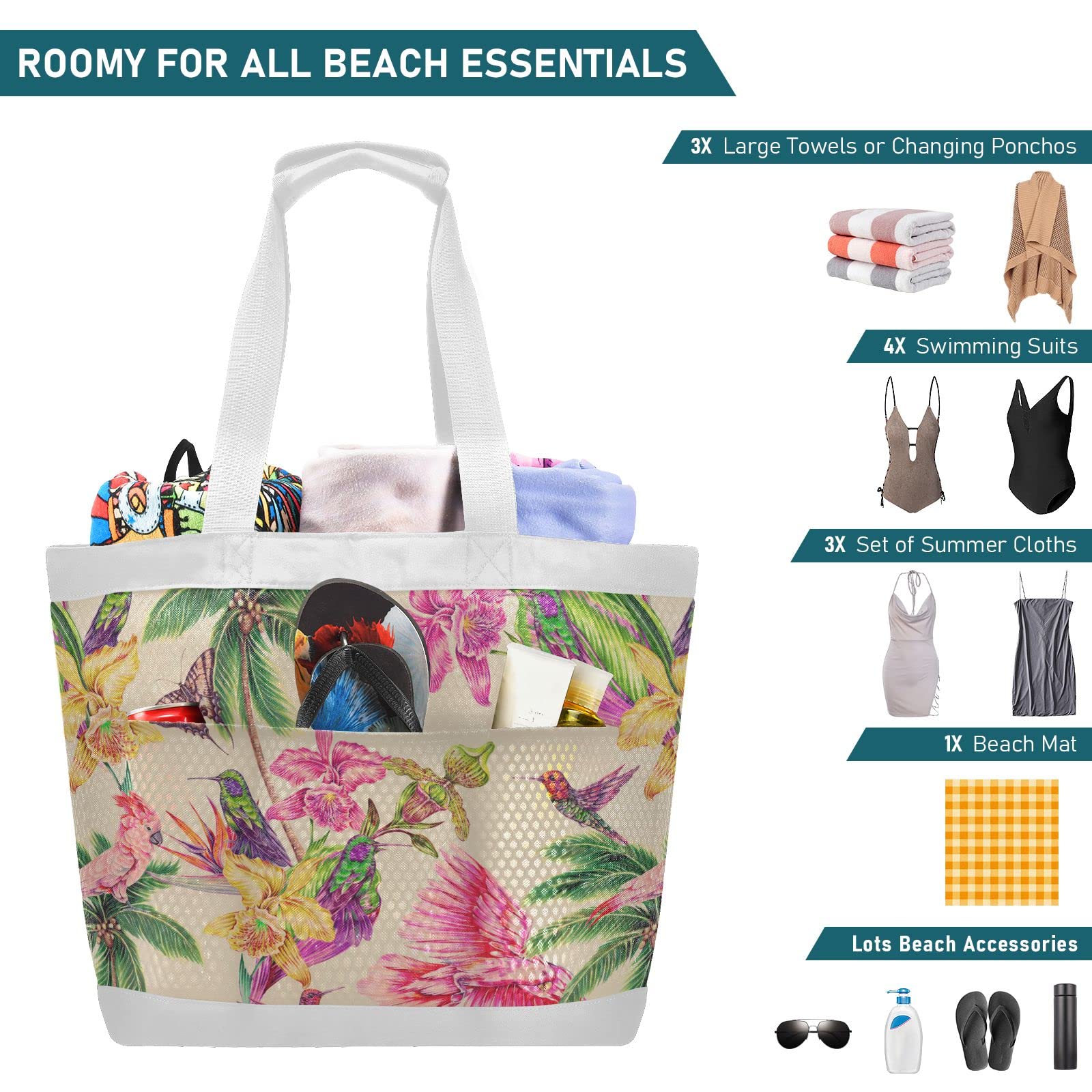 J JOYSAY Tropical Leaves Parrot Hummingbirds Mesh Beach Tote Bag - Large Waterproof Sandproof Gym & Beach Bag for Women - Perfect for Pool Parties, Vacation Travel & Summer Outings