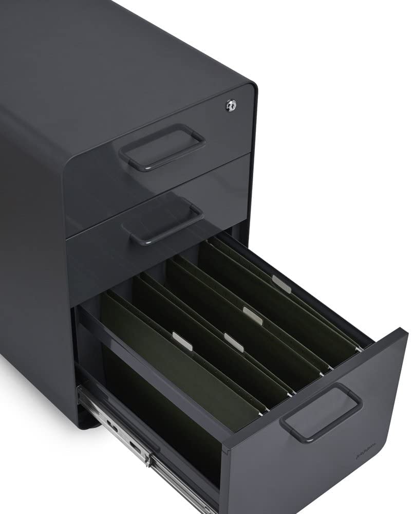 Poppin Stow 3-Drawer File Cabinet in Charcoal - 2 Utility Drawers & 1 Hanging File Drawer, Fully Painted Steel Cabinet with Keys Included for Office Organization & Home Office Storage