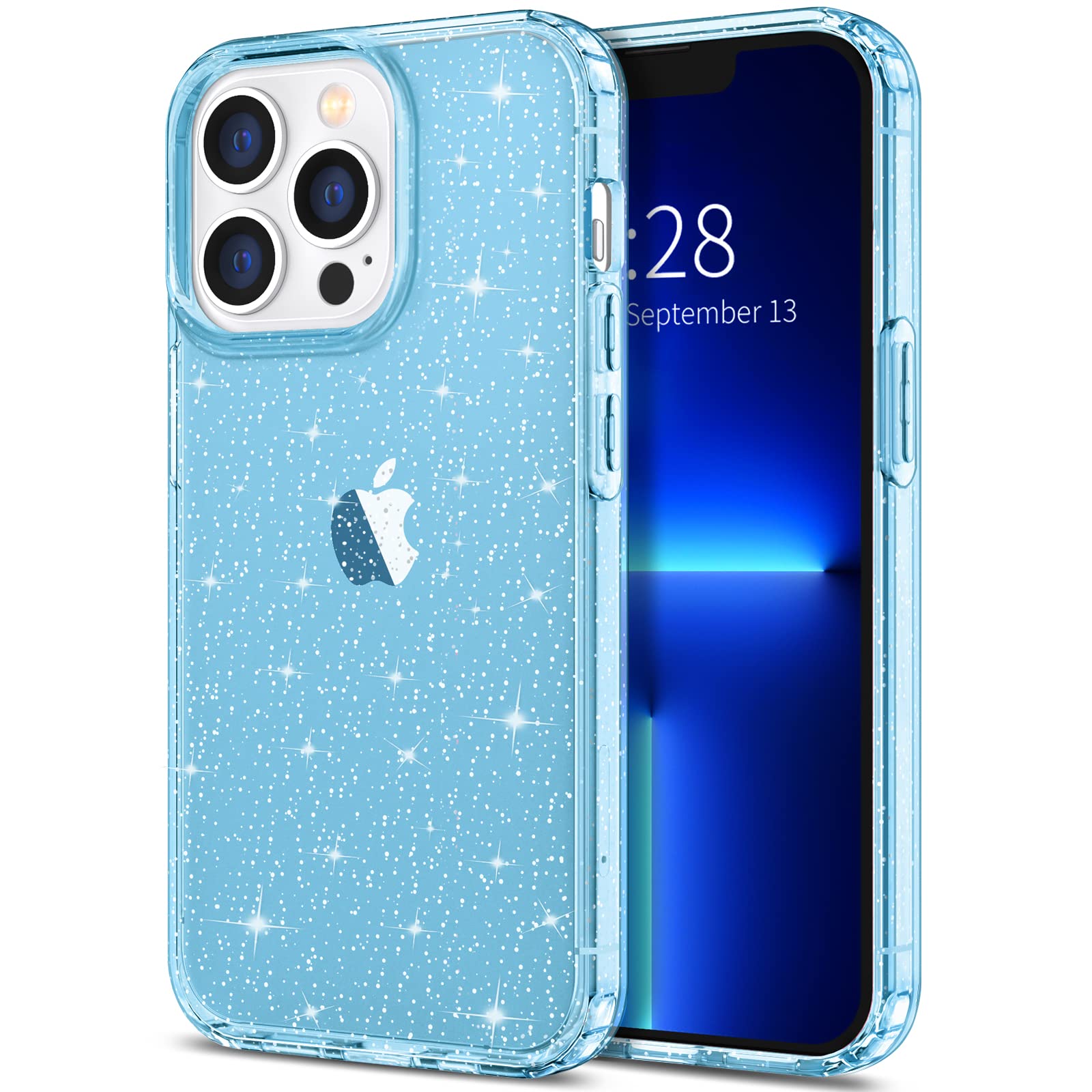 Hython Glitter Case for iPhone 13 Pro Max - Sparkly Clear Protective Phone Cover with Anti-Scratch Hard PC & Shockproof Design | Slim Fit Cute Bling Case for Women & Girls (Blue Glitter) | Perfect for Everyday Use, Parties, and Gift Giving