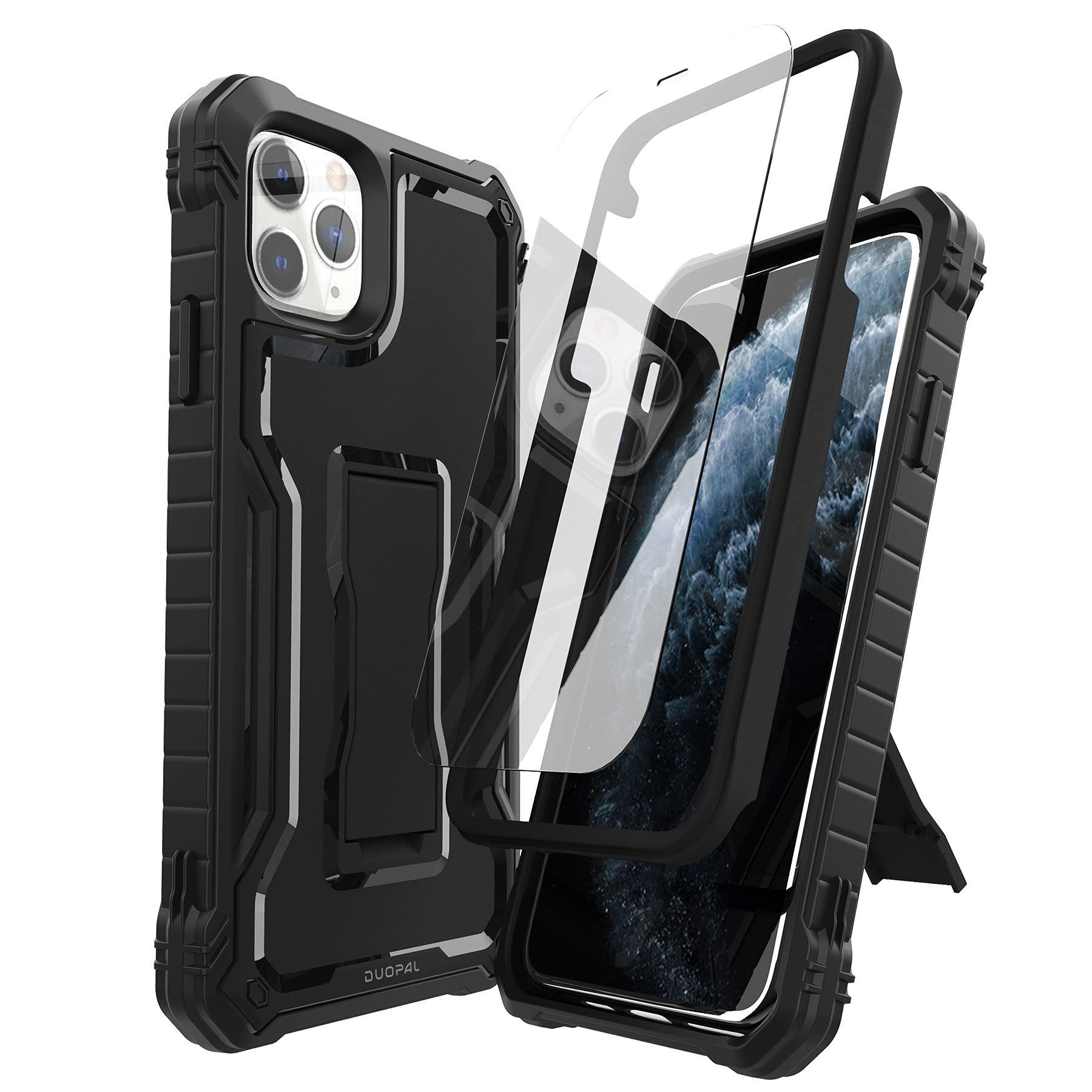 DUOPAL Military Grade Shockproof Case for Apple iPhone 11 Pro Max (6.5 Inch) with Tempered Glass Screen Protector & Kickstand - Heavy Duty Protection for iPhone 11 Pro Max - Perfect for Outdoor, Work & Travel (Black)
