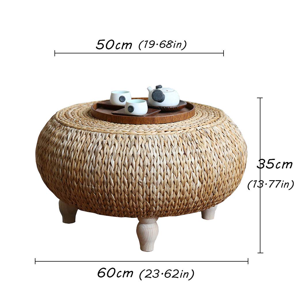 Round Rattan Coffee Table - 50×50×35cm Solid Wood Low Table for Living Room, Balcony, Bay Window - Perfect for Home Decor, Computer Desk & Relaxing Scenes