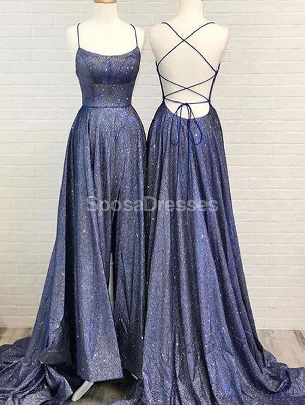 Elegant Navy Blue Glitter Spaghetti Strap Long Prom Dress for Evening Party & Formal Events - Perfect for Prom Night, Homecoming, and Special Occasions