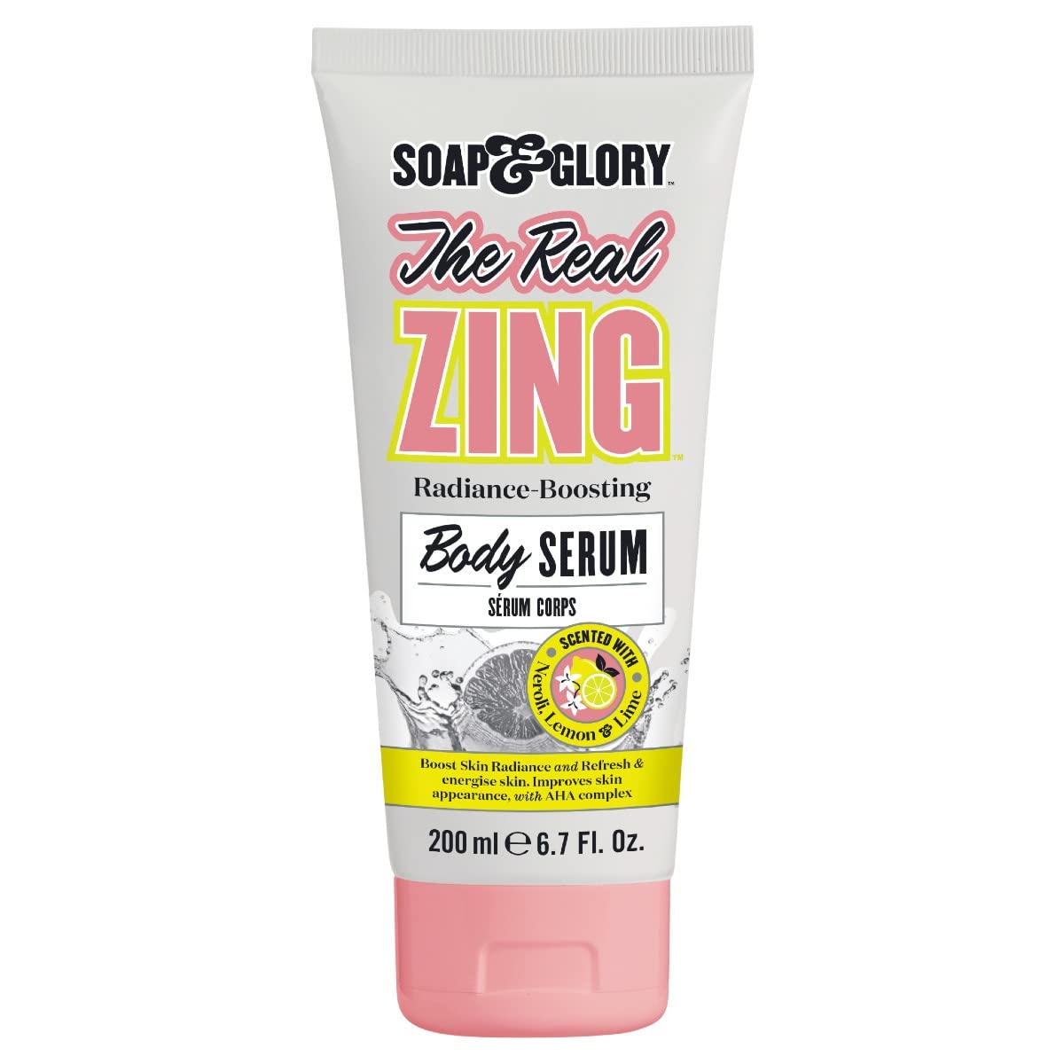 Soap & Glory The Real Zing Body Serum - AHA Fruit Complex Radiance Boosting Moisturizer for Dry Skin | Skin Brightening & Hydrating Body Lotion with Citrus Scent | Perfect for Daily Use, Post-Shower Hydration & Summer Skin Care (200ml)