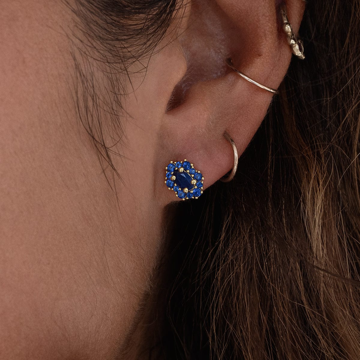 Starry Sakura Blue Sapphire Stud Earrings for Women - 14K Gold Plated Floral Studs - Perfect for Weddings, Parties & Everyday Elegance