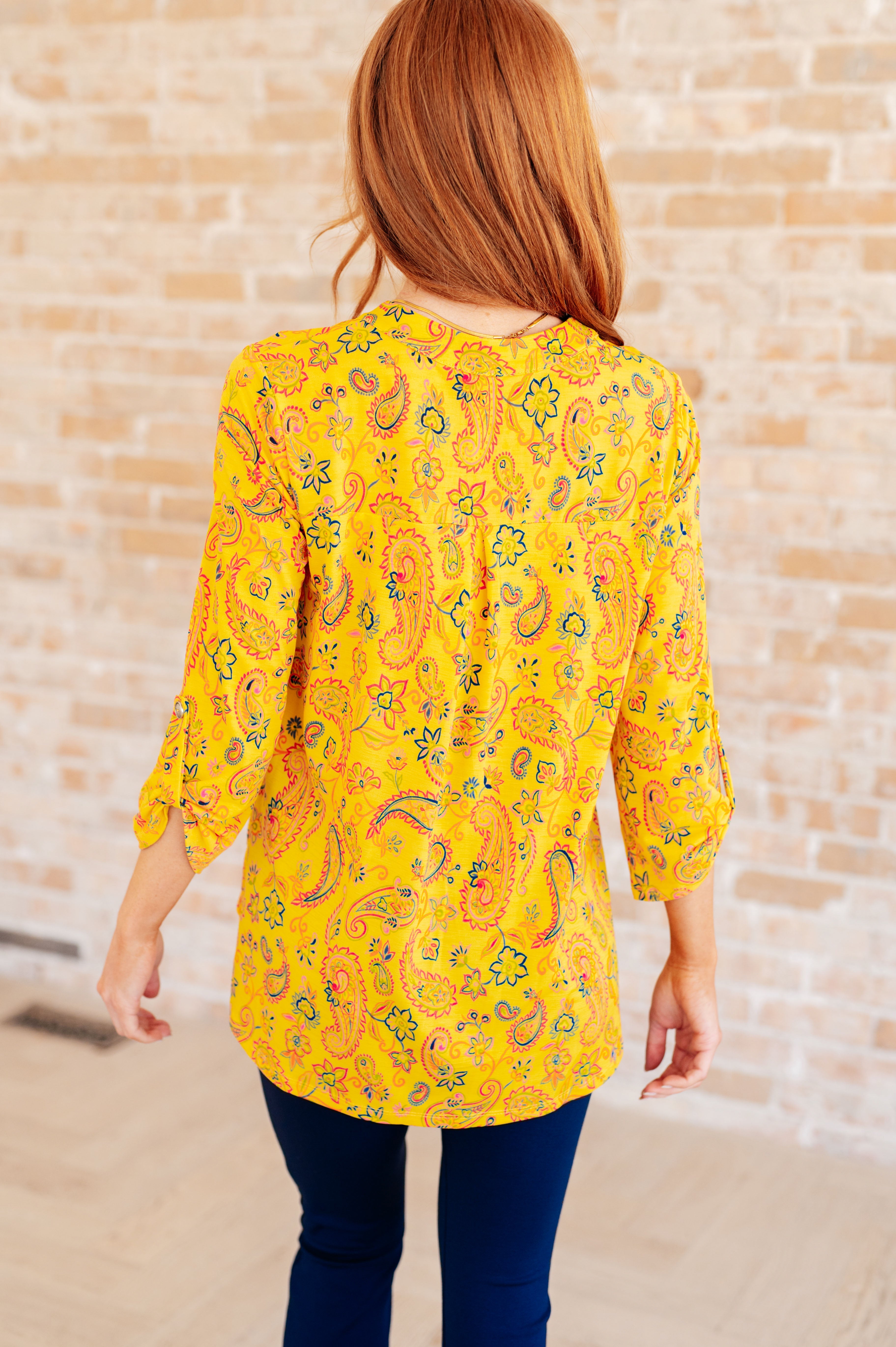 Lizzy Top - Stylish Yellow & Navy Paisley Print Women's Blouse | Perfect for Casual Outings, Office Wear & Summer Fashion