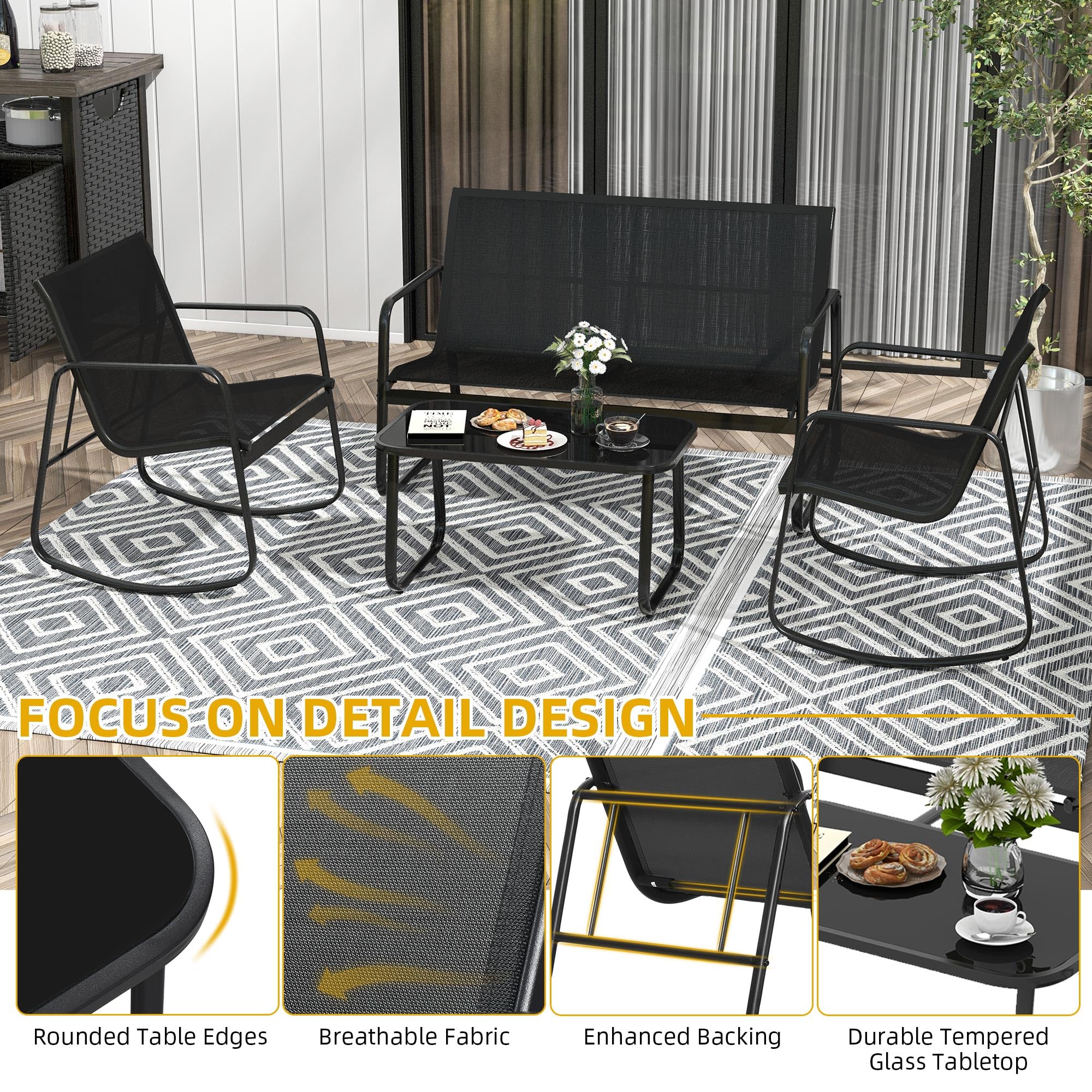 **DWVO 4-Piece Patio Furniture Set - 2 Rocking Chairs, Sofa & Glass Coffee Table - Outdoor Conversation Set for Porch, Deck, Garden, Backyard, Poolside - Black**    *(Perfect for Relaxing, Entertaining, or Enjoying Coffee Outdoors!)*
