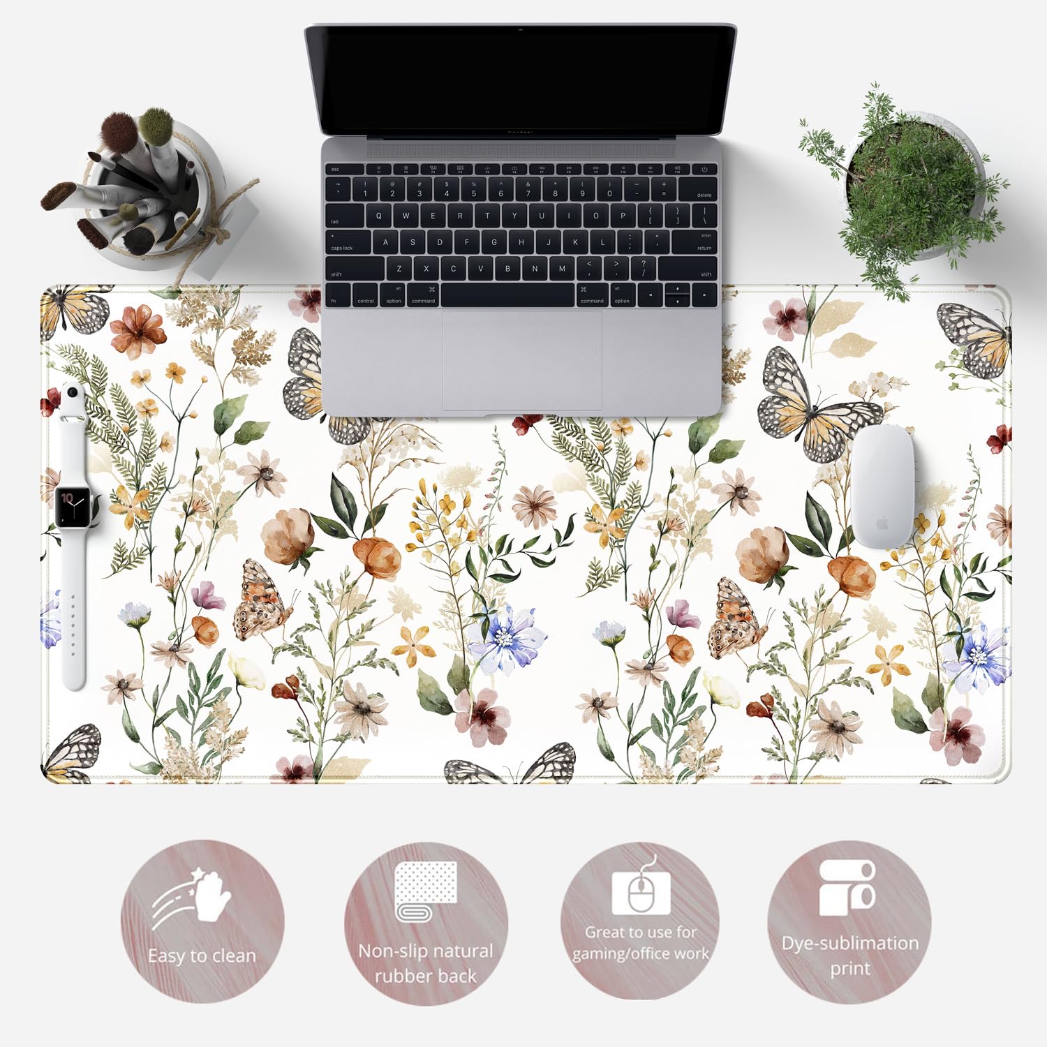 Floral White Large Mouse Pad with Stitched Edge - 31.5x15.8in XL Desk Mat for Computer, Keyboard & Gaming | Home Office Decor, Funny Plant Design | Perfect for Work, Gaming & Stylish Workspace Setup