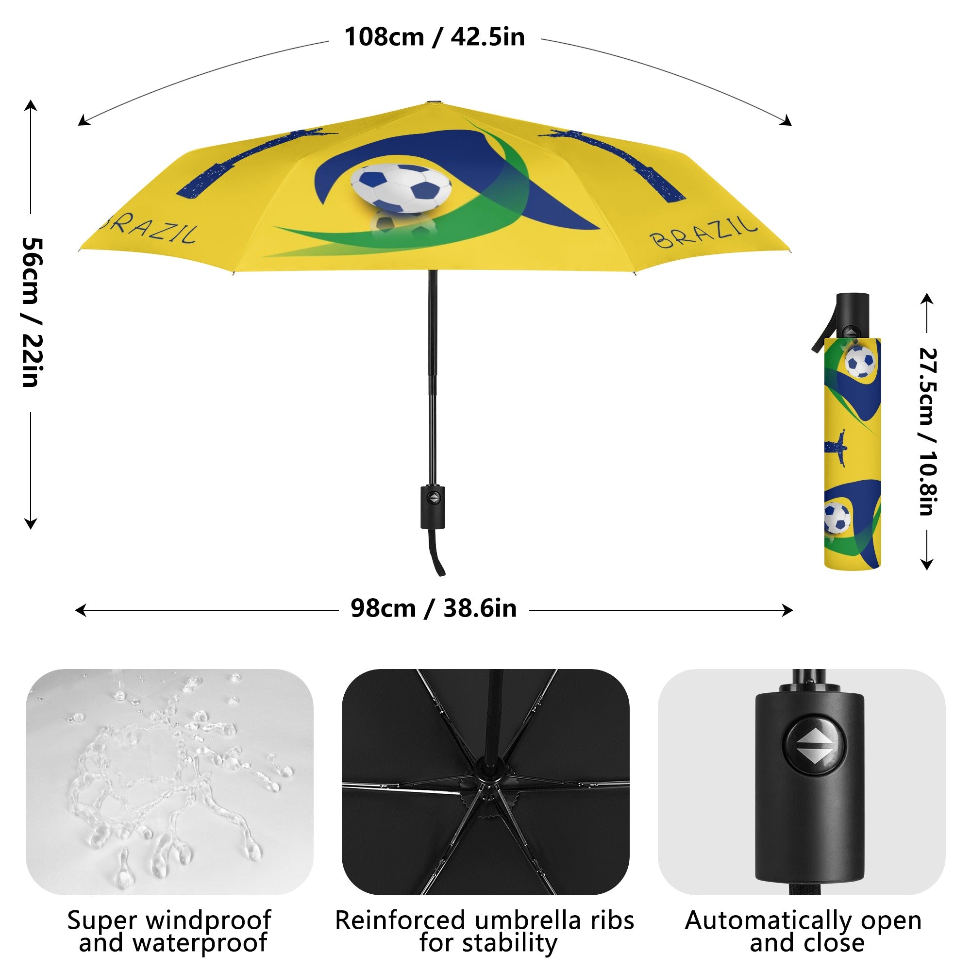 Custom Printed Umbrella with All Over Design - Waterproof & Windproof - Perfect for Brazil Travel, Beach, and Outdoor Events