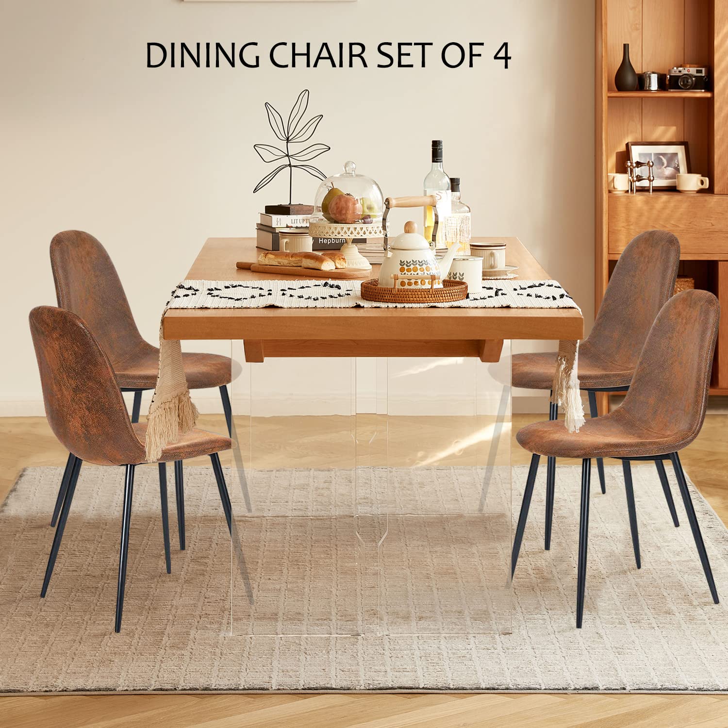 Homy Casa Mid Century Modern Dining Chairs Set of 4 - Dark Brown Upholstered Kitchen & Dining Room Chairs with Black Legs (16.9