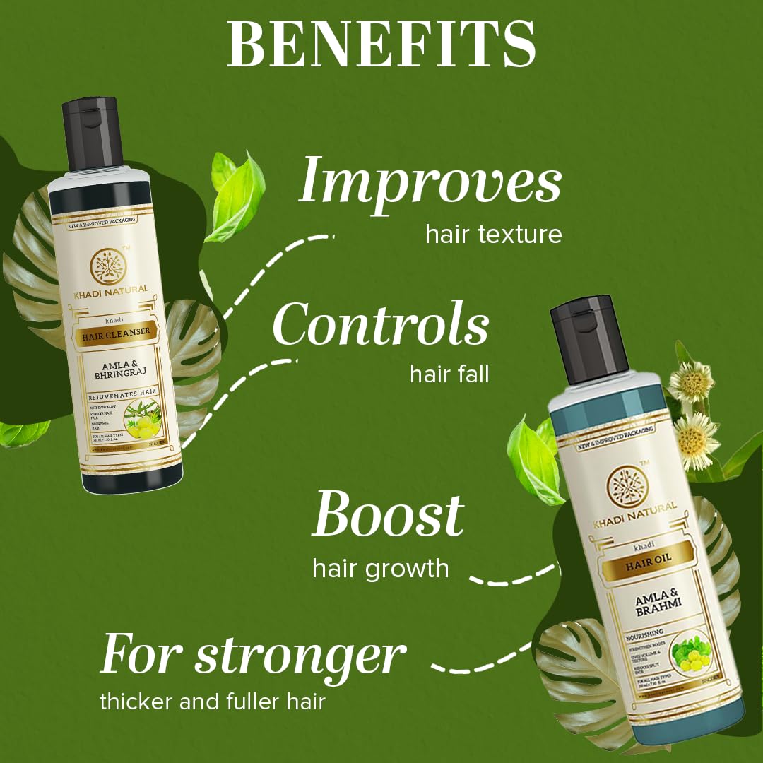 Khadi Natural Amla & Bhringraj Hair Care Pack - Anti-Hair Fall Shampoo & Hair Oil Set for All Hair Types (2 x 210ml) | Promotes Hair Growth, Reduces Breakage | Perfect for Daily Hair Care & Scalp Nourishment