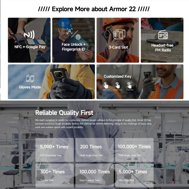 Ulefone Armor 22 Rugged Smartphone - Waterproof, Shockproof, IP68 Certified | Outdoor Adventure, Construction & Extreme Sports