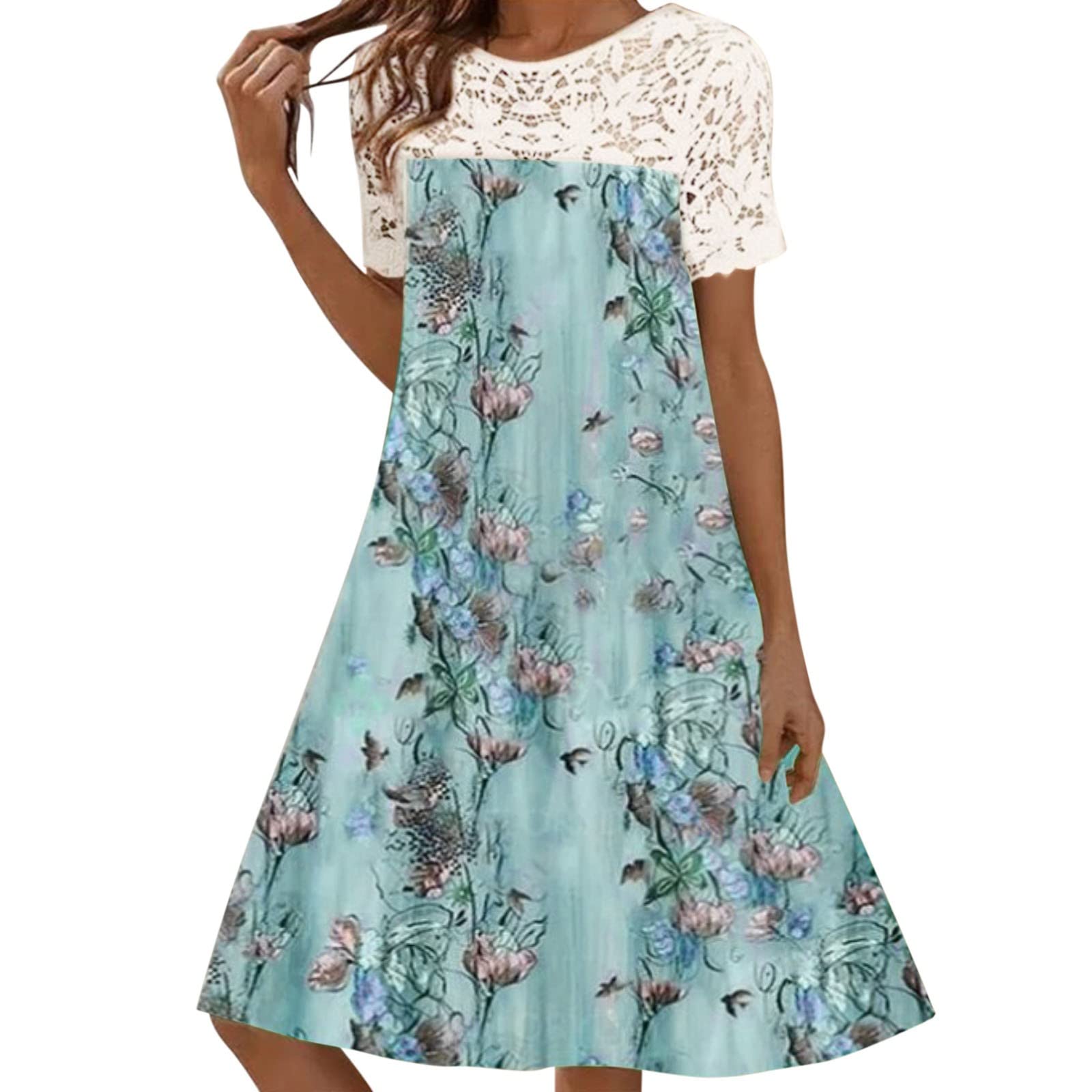 Floral Print Lace Short Sleeve Beach Dress for Women - Casual Round Neck Loose Summer Dress with Splice Design, Perfect for Vacation, Holiday, and Beach Outings