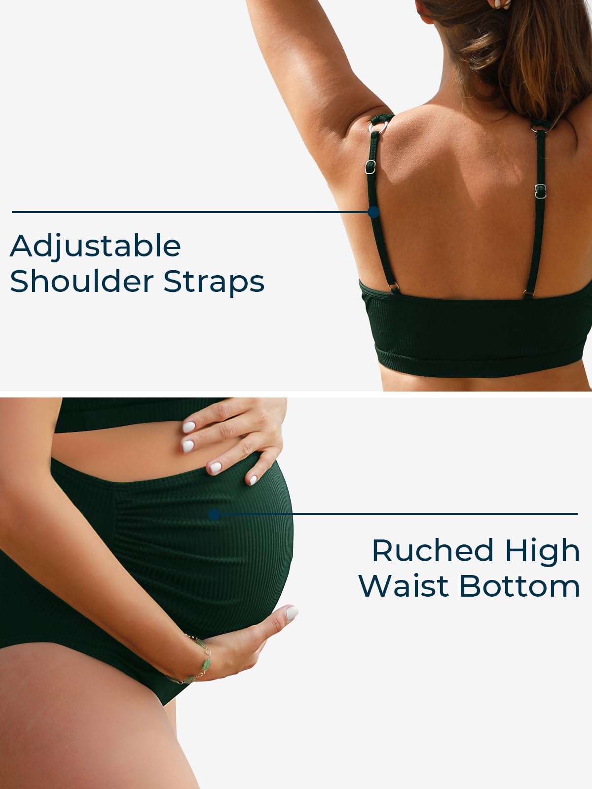 Summer Mae Maternity Ribbed High Waist Bikini Set - Two Piece Pregnancy Swimwear with Crop Top & High Cut Bottoms for Beach, Pool & Vacation | Comfortable Maternity Swim Suit