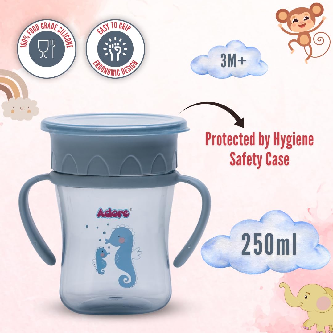 Adore Magic 360 Spoutless Sipper Cup with Handle - Leak Proof Baby Water Bottle for 6-12 Months | Anti Spill Straw Cup for Toddlers & Kids | BPA Free Spill Proof Training Cup (250ml, Blue) - Perfect for Daycare, Travel & Learning to Drink Independently