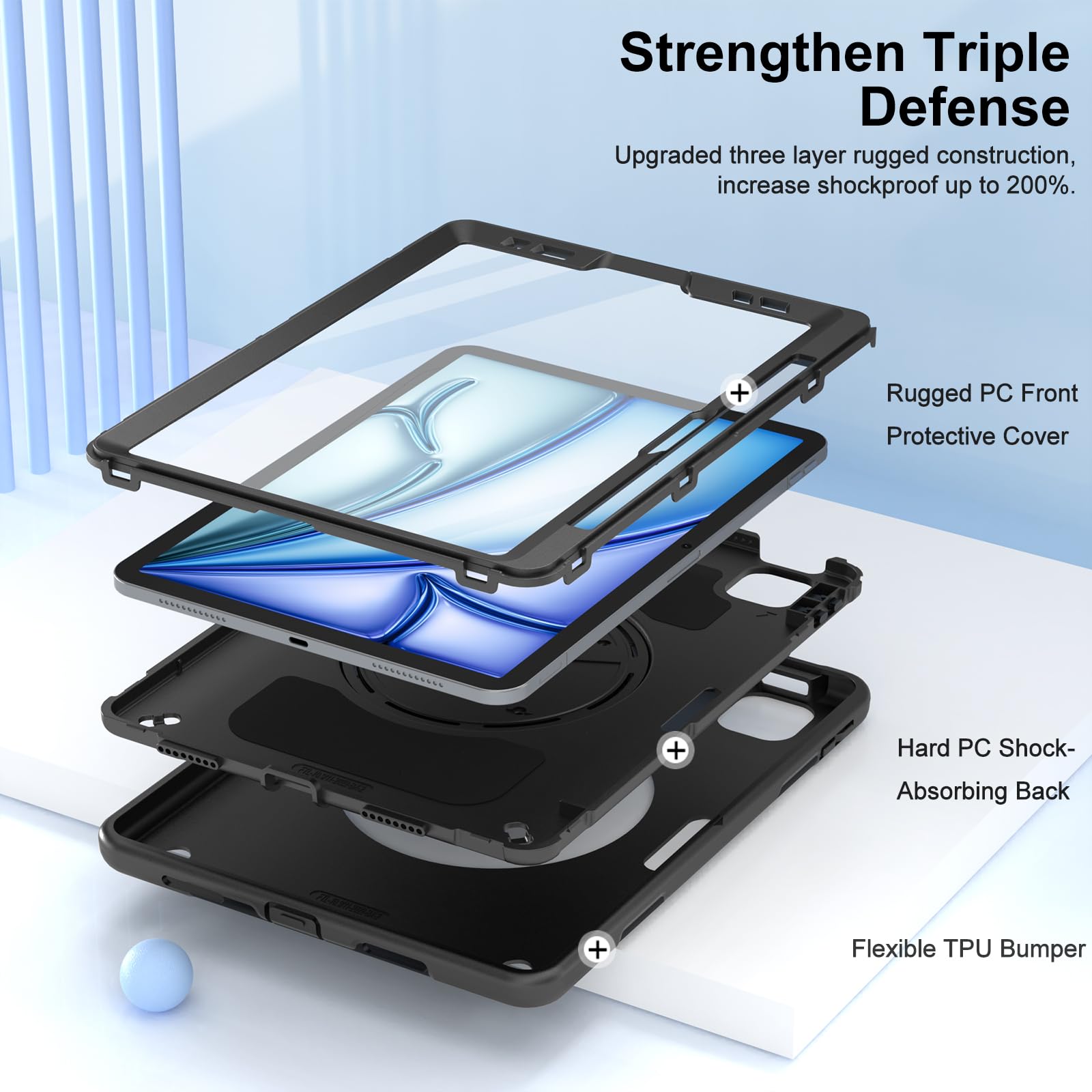 Miesherk iPad Air 11 Inch M3 2025 (7th Gen) & iPad Air 6th/5th Gen 2024 Case with Built-in Screen Protector, 360° Rotating Stand, Pencil Holder & Adjustable Shoulder Strap - Perfect for Work, Travel & School Use