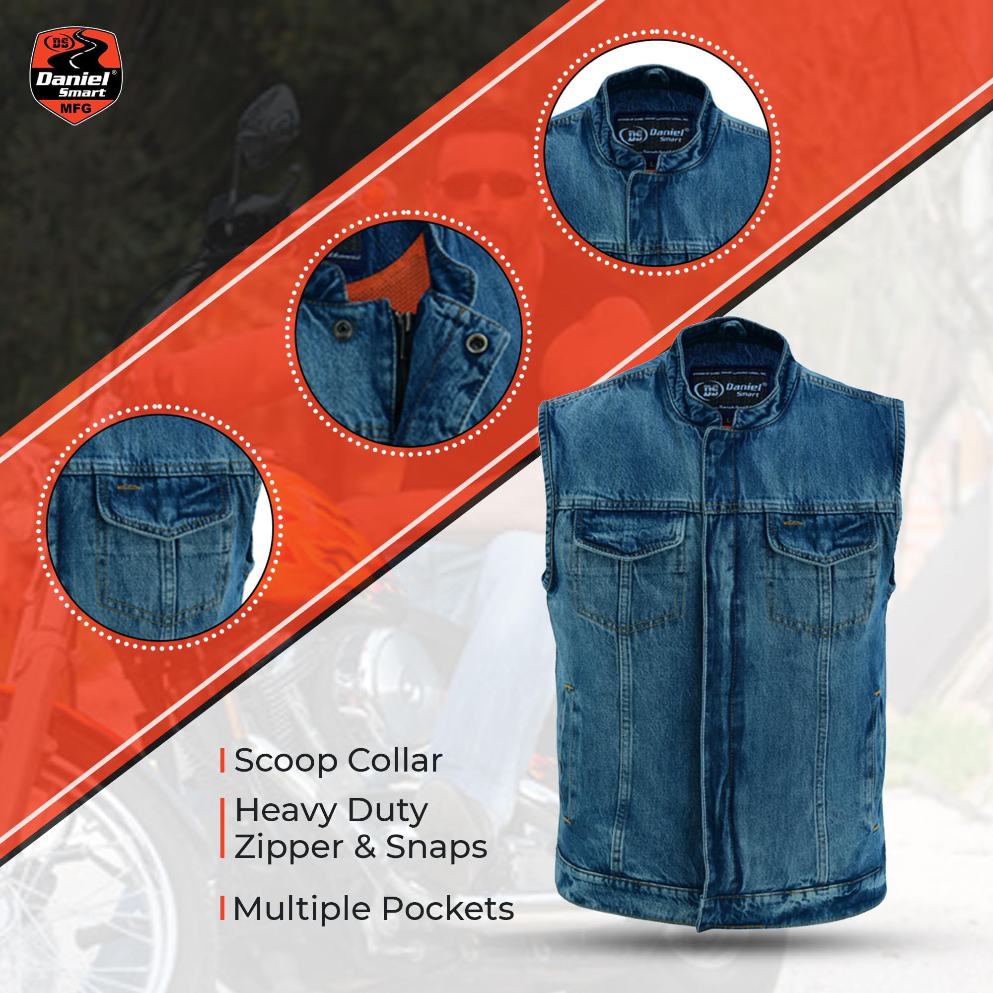 Daniel Smart Men's Denim Vest - Scoop Collar Motorcycle Jacket with Concealed Armory Pockets & Hidden Zipper - Perfect for Biker Outfits, Casual Wear & Outdoor Adventures