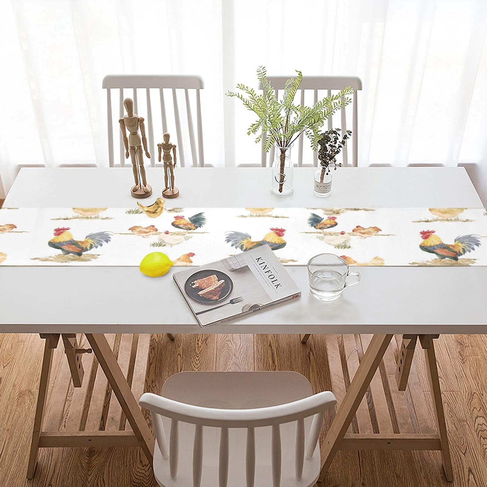 Double Sided Chicken Rooster Hen Table Runner - 13x70 Inch Washable Polyester Tablecloth for Farmhouse Kitchen, Dining Room Decor, Country Themed Parties & Holiday Gatherings