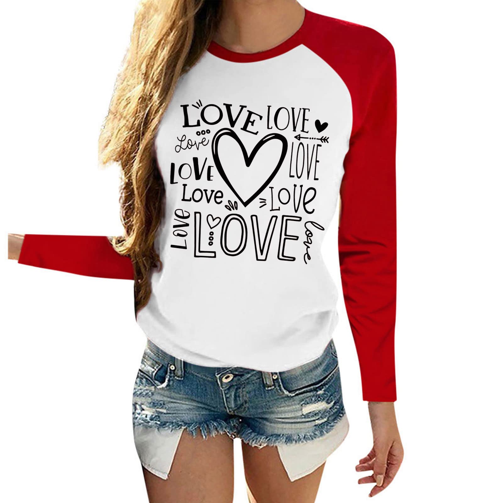Valentine's Day Women's Long Sleeve Heart Print Raglan T-Shirt - Love Letter Printed Blouse Top for Women (Red, Size L) | Perfect for Valentine's Gifts, Date Nights & Romantic Occasions