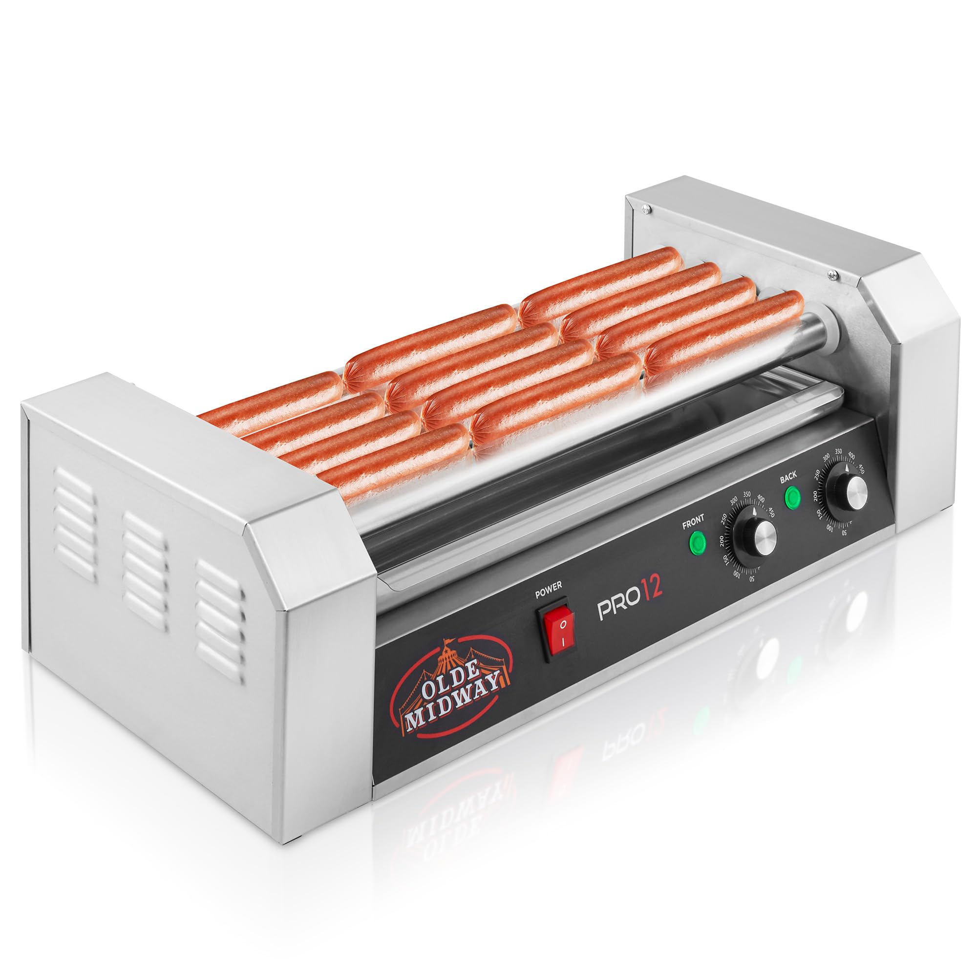 Olde Midway Electric 12 Hot Dog 5 Roller Grill Cooker Machine 700-Watt - Commercial Grade Hot Dog Warmer for Restaurants, Food Trucks & Events - Stainless Steel Hot Dog Roller Grill with Adjustable Temperature