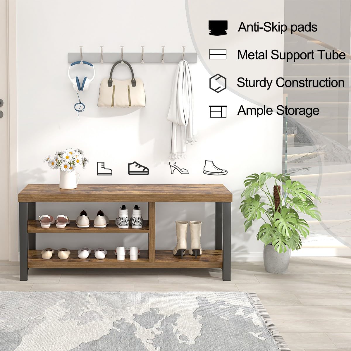 EXCEFUR 43.3 Inch Shoe Storage Bench - Rustic Brown Wooden Entryway Bench with Industrial Design for Hallway, Living Room & Bedroom | Perfect for Organizing Shoes, Coats & Home Decor