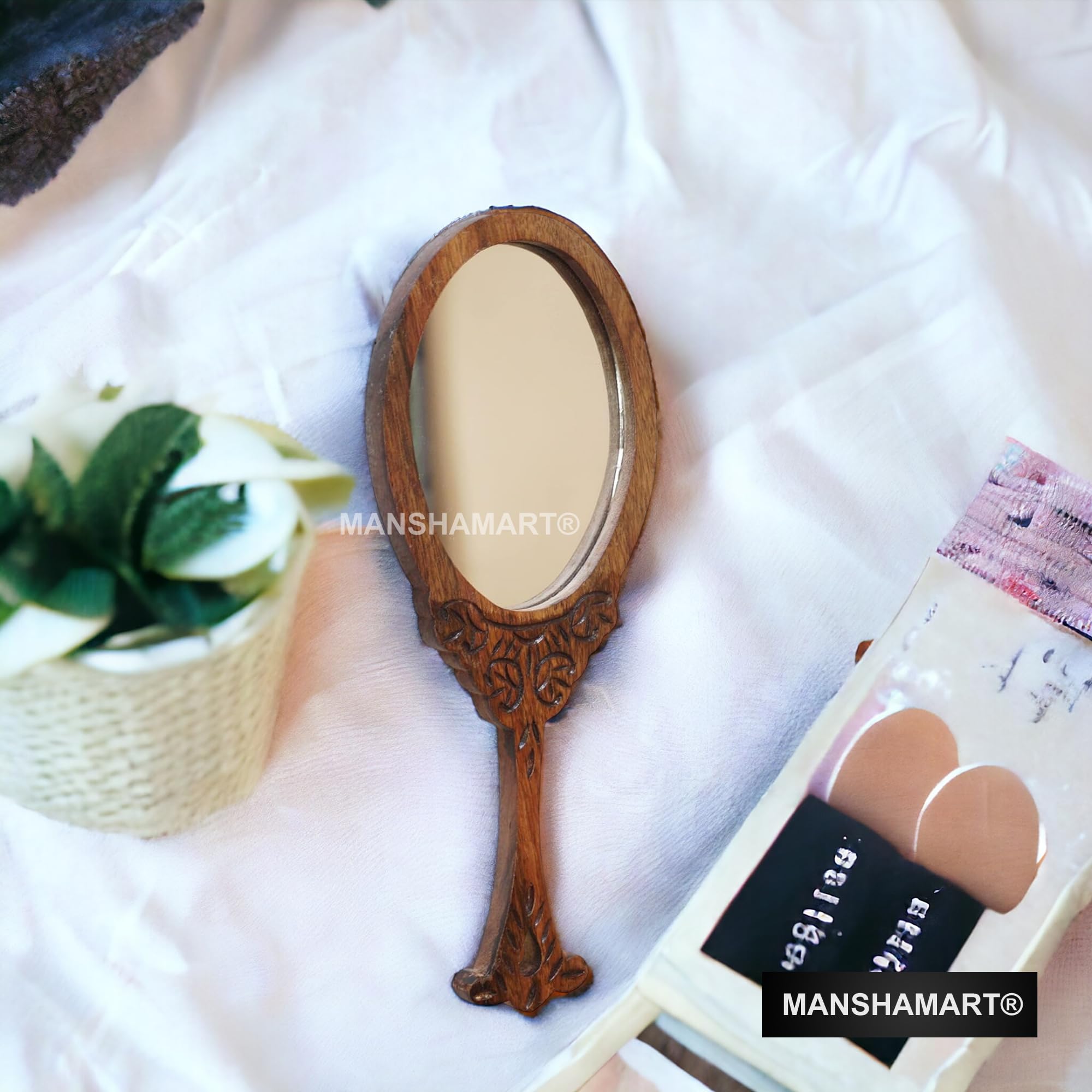 MANSHAMART® Wooden Handheld Mirror - Oval Shaped Decorative Makeup Mirror for Vanity, Dressing Table & Wall Mount | Elegant Home Decor & Travel Essential