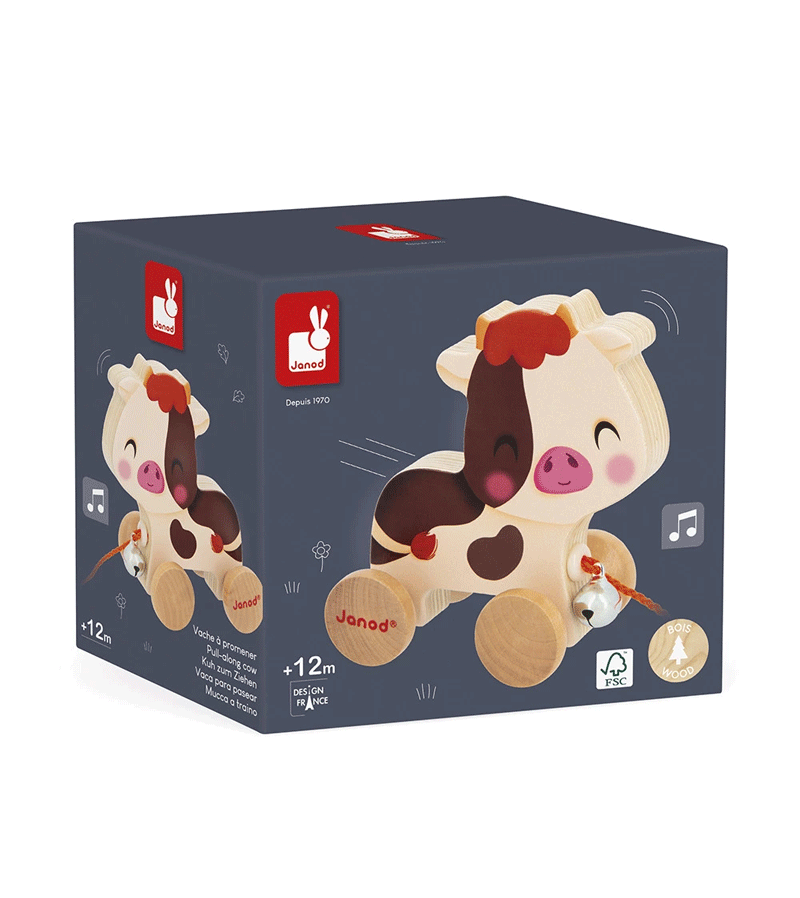Janod Farm Pull Along Cow Toy - Wooden Animal Pull Toy for Toddlers & Kids - Perfect for Pretend Play, Early Learning & Motor Skills Development