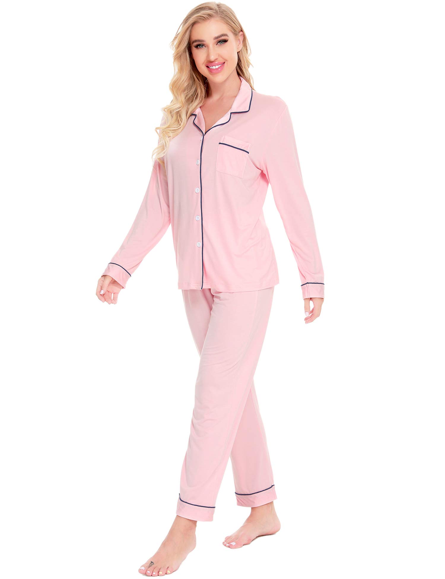 SWOMOG Women's Long Sleeve Pajama Set - Soft Cotton Button Down Sleepwear & Lounge Pjs for Nighttime Comfort, Cozy Home Wear, and Relaxing Evenings