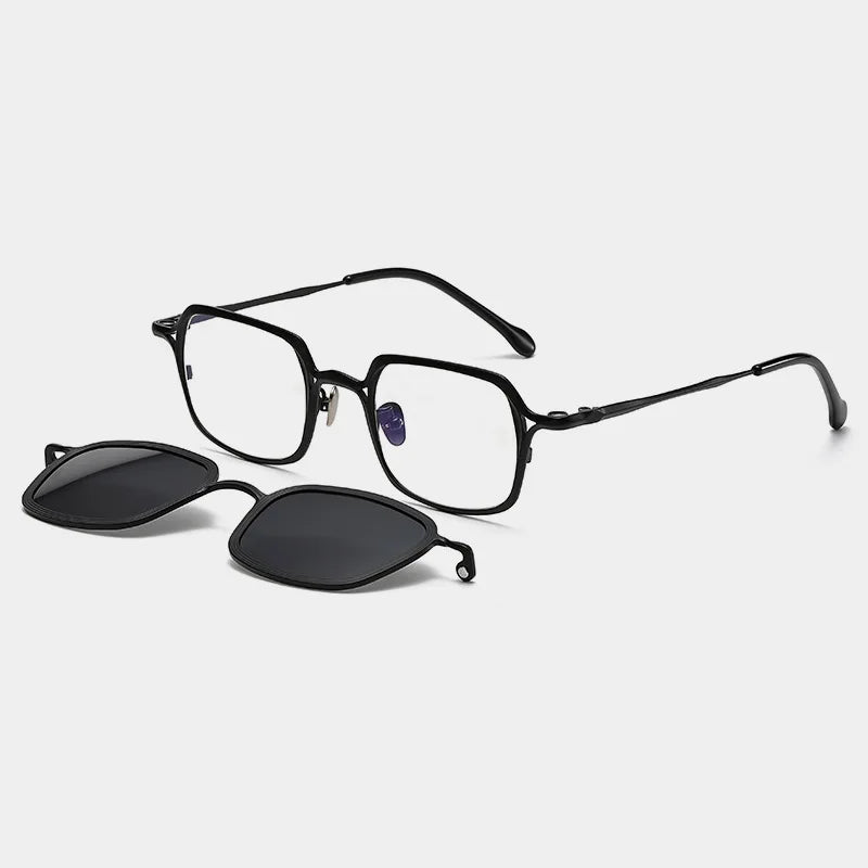Stylish Black Unisex Titanium Square Full Rim Eyeglasses with Clip-On Sunglasses - Perfect for Outdoor Activities, Driving, and Fashion Accessories