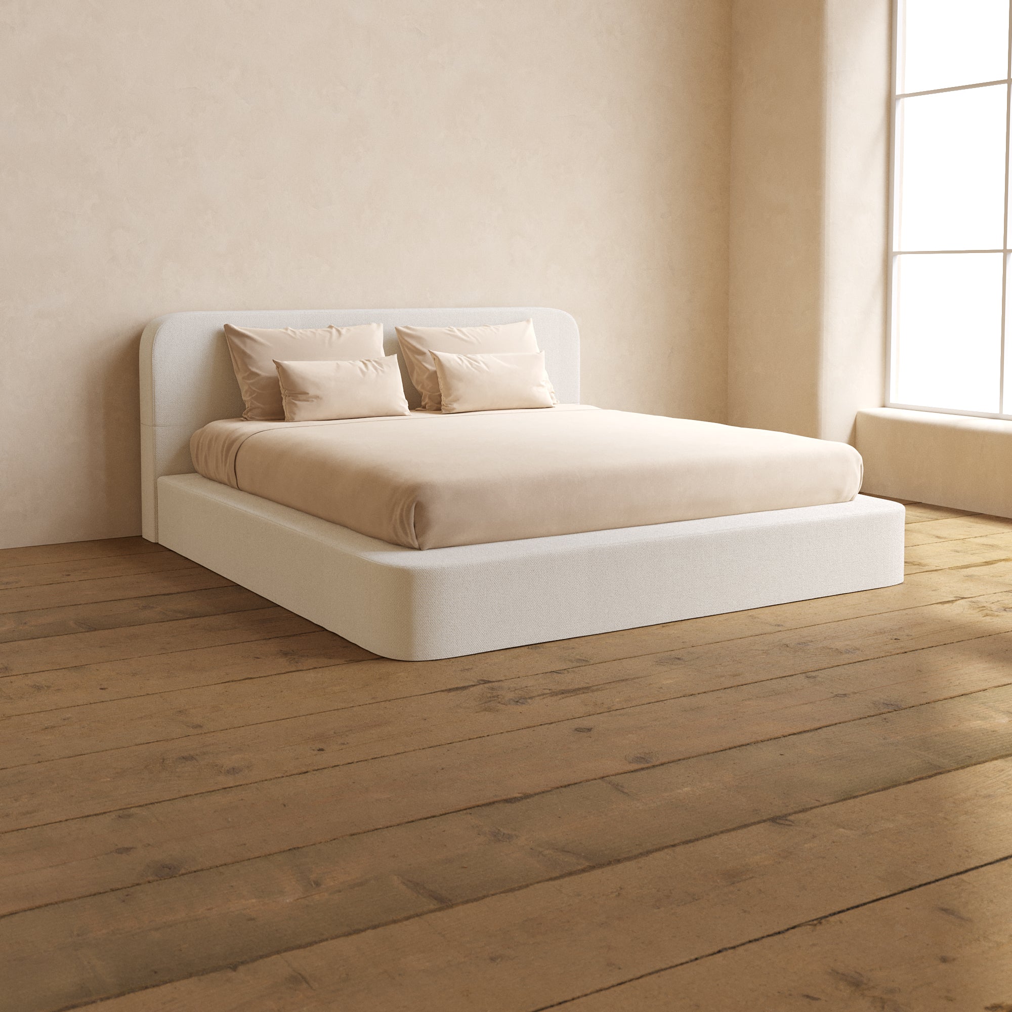 King Upholstered Platform Bed with Headboard | Knit Velvet Fabric in Powder Pink | Modern Bedroom Furniture for Master & Guest Rooms