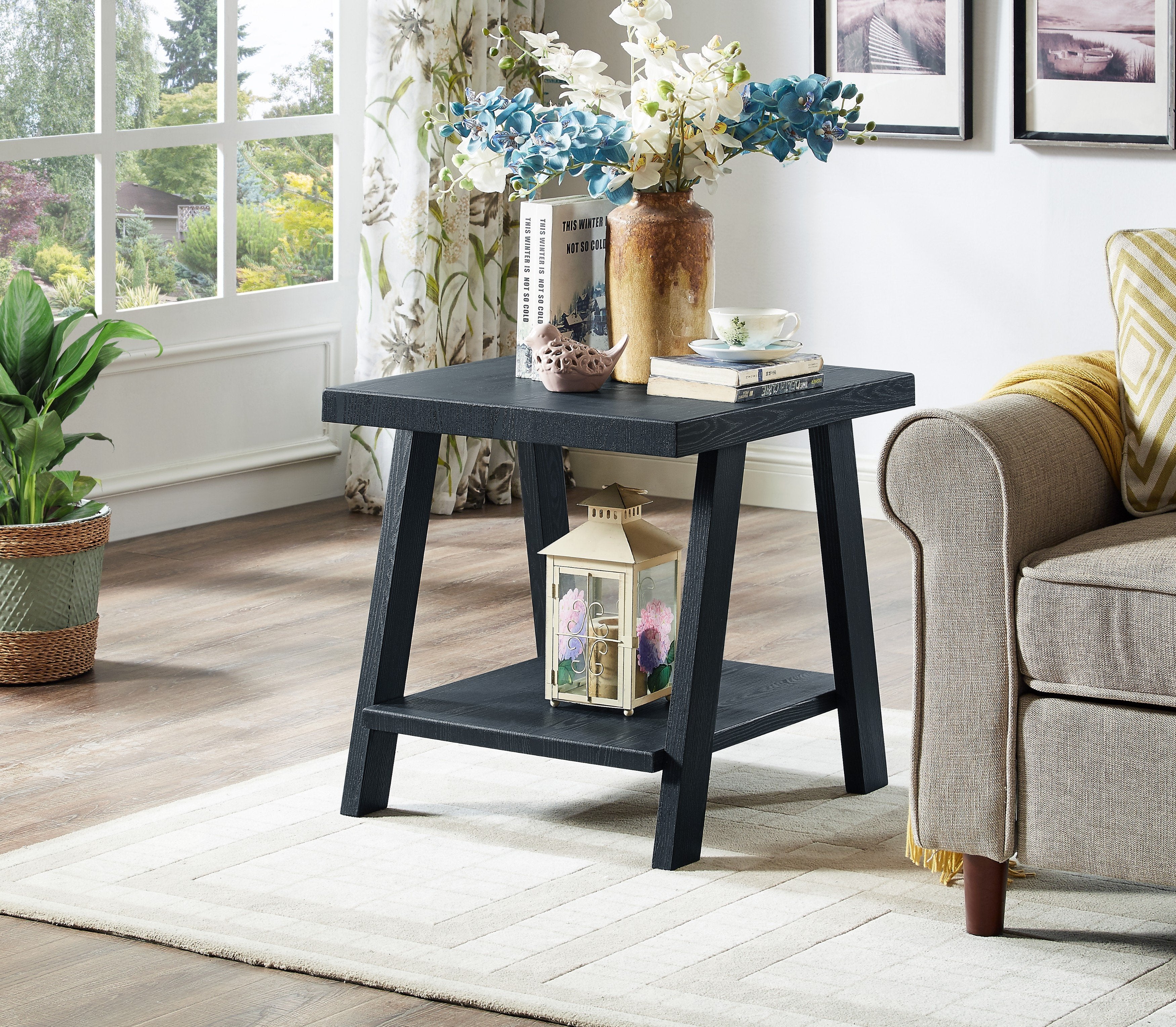 Roundhill Furniture Athens Contemporary Replicated Wood Shelf End Table - Black Finish | Modern Living Room Side Table, Bedroom Nightstand, Small Space Decor