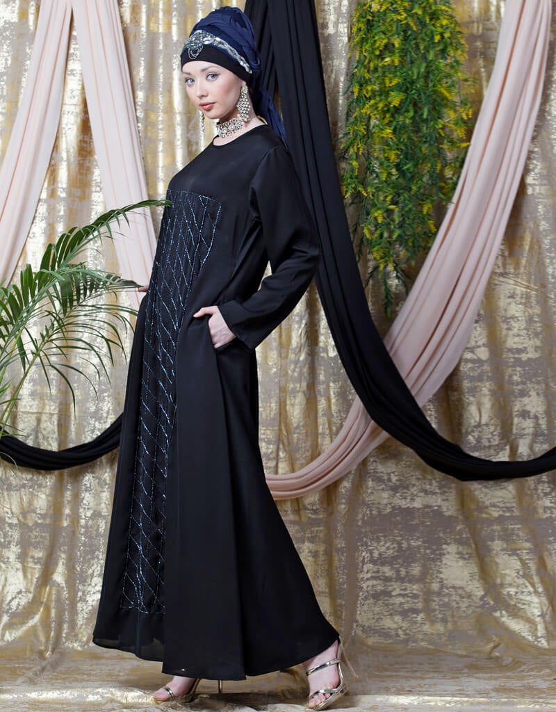 Elegant Black Arabic Diamond Motif Hand Embroidered Flare Nida Abaya - Perfect for Eid, Ramadan, Wedding & Special Occasions