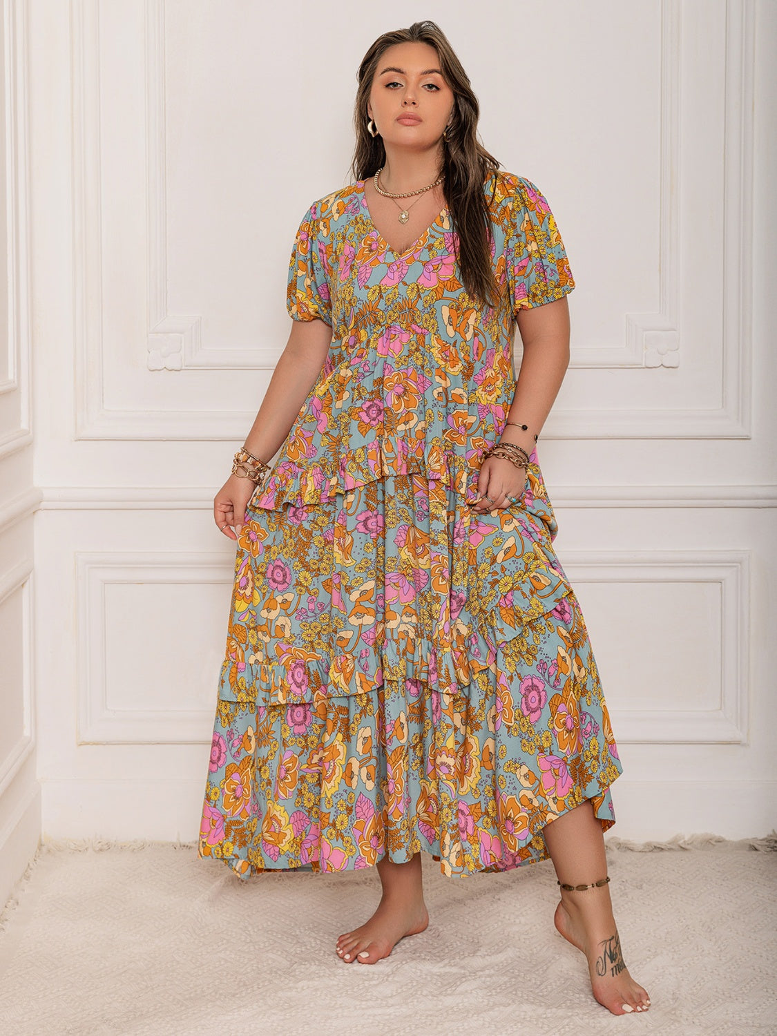 Plus Size Tiered Ruffled Resort Maxi Dress for Women - Flowy Beach Cover Up & Summer Vacation Outfit - Perfect for Tropical Getaways, Pool Parties, and Evening Dinners