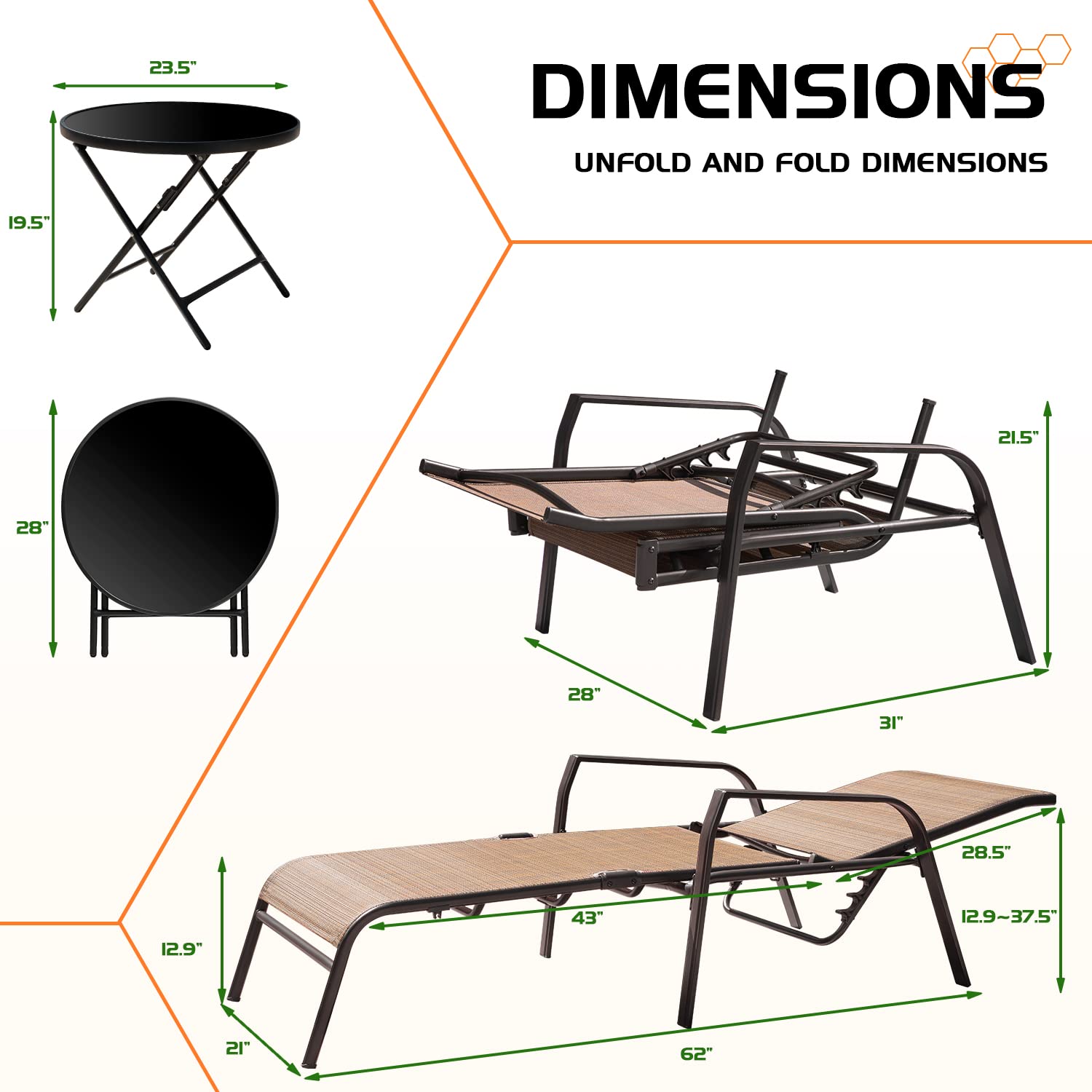 Flamaker 3-Piece Adjustable Patio Chaise Lounge Set with Textiline Cushions & Glass Top Bistro Table - Foldable Metal Reclining Chairs for Outdoor Relaxation - Perfect for Beach, Poolside, Backyard, Porch & Garden (Beige)