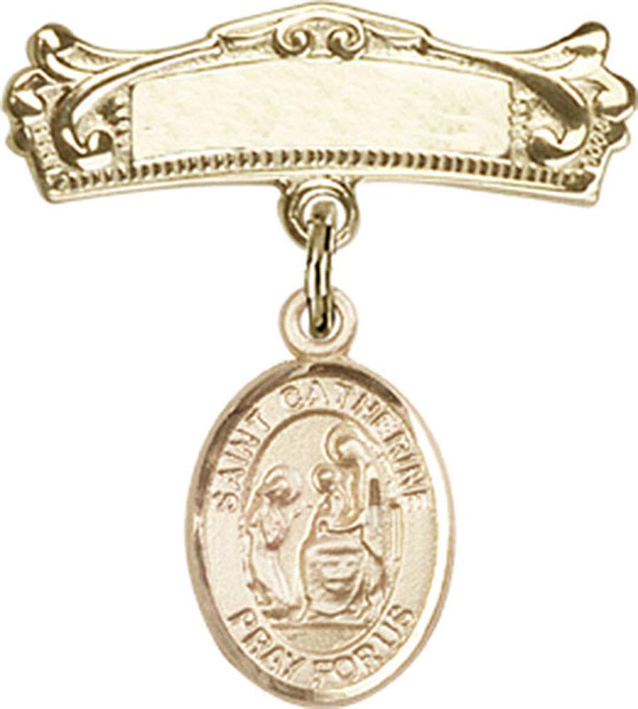 Gold Filled Baby Badge with St. Catherine of Siena Charm & Arched Polished Pin | Religious Jewelry for Christening, Baptism & First Communion Gifts | Made in USA