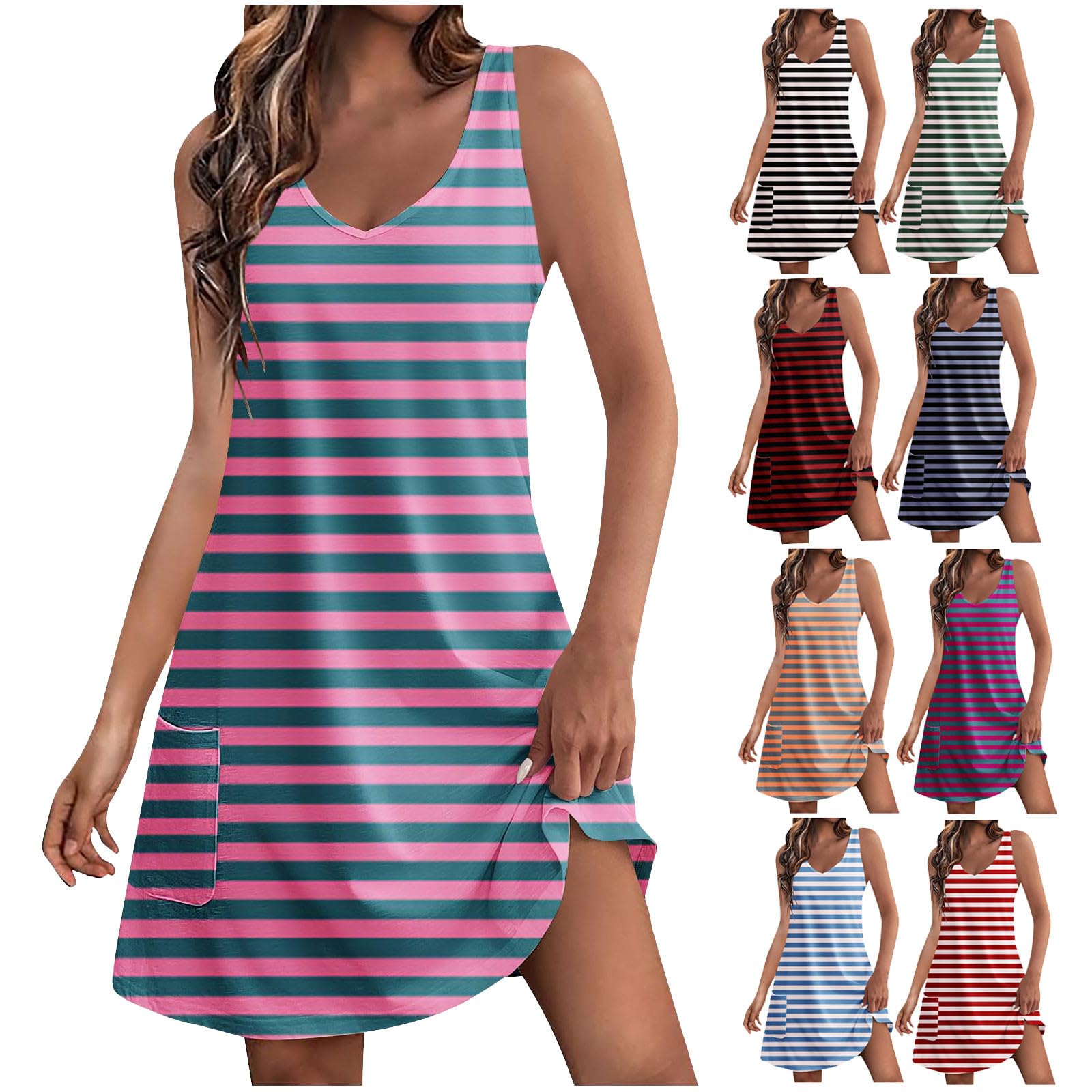 SHOPESSA Women's Summer Sleeveless Striped Mini Dress with Pockets - V-Neck Flowy Sundress for Spring & Summer 2024 - Perfect for Beach Vacations, Date Nights & Outdoor Parties