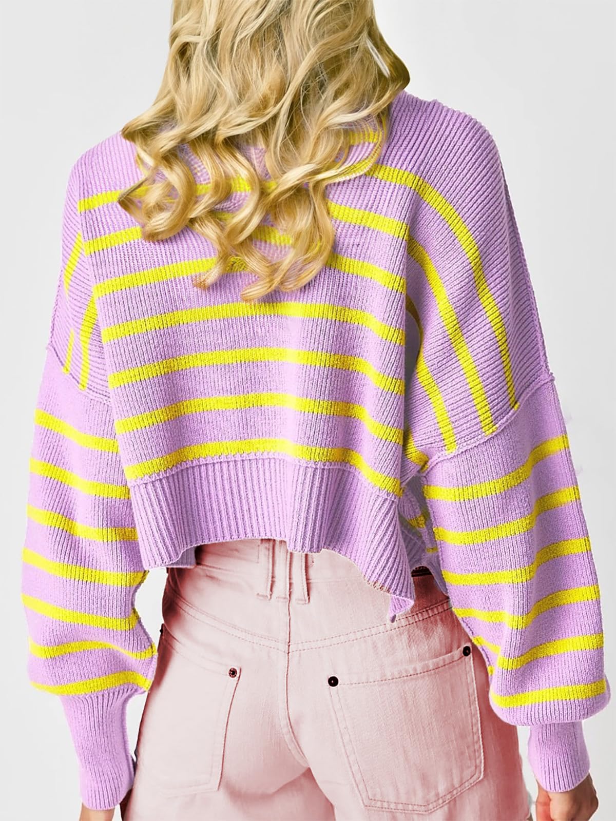 AnotherChill Women's Casual Cropped Oversized Pullover Sweater - Soft Crew Neck Striped Knit Sweater for Streetwear, Loungewear & Fall Fashion