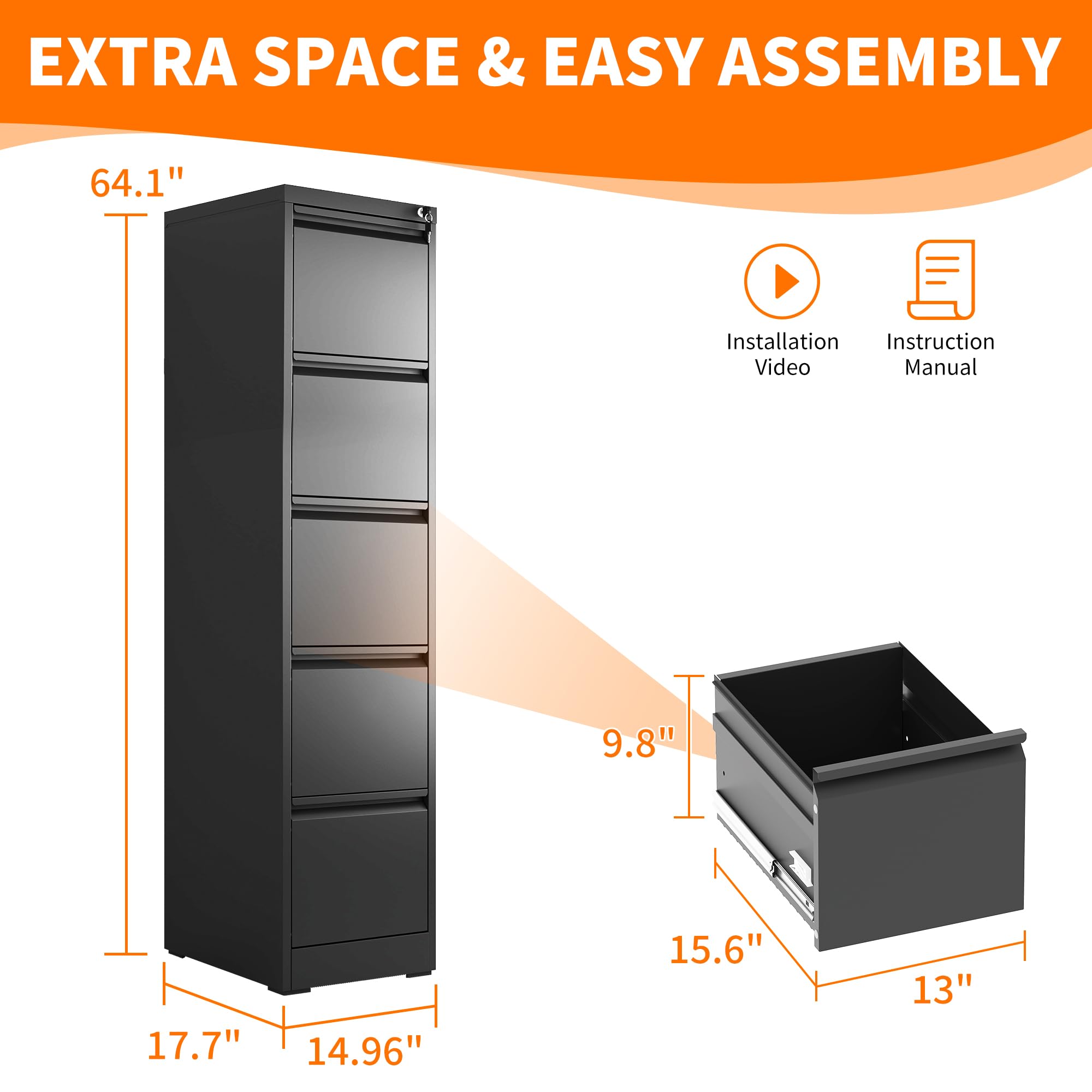 Heavy Duty Metal File Cabinet with Locking Drawer - Steel Vertical Filing Cabinet for Legal & Letter Size Documents - Perfect for Home Office, Business & School Organization - Assembly Required