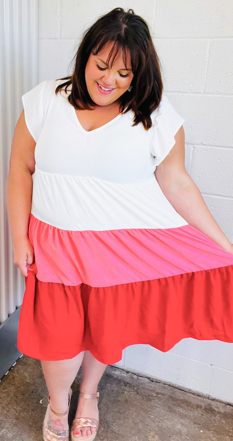 Peach & Cherry Red Tiered Frill Sleeve Midi Dress - Elegant Summer Party & Wedding Guest Outfit