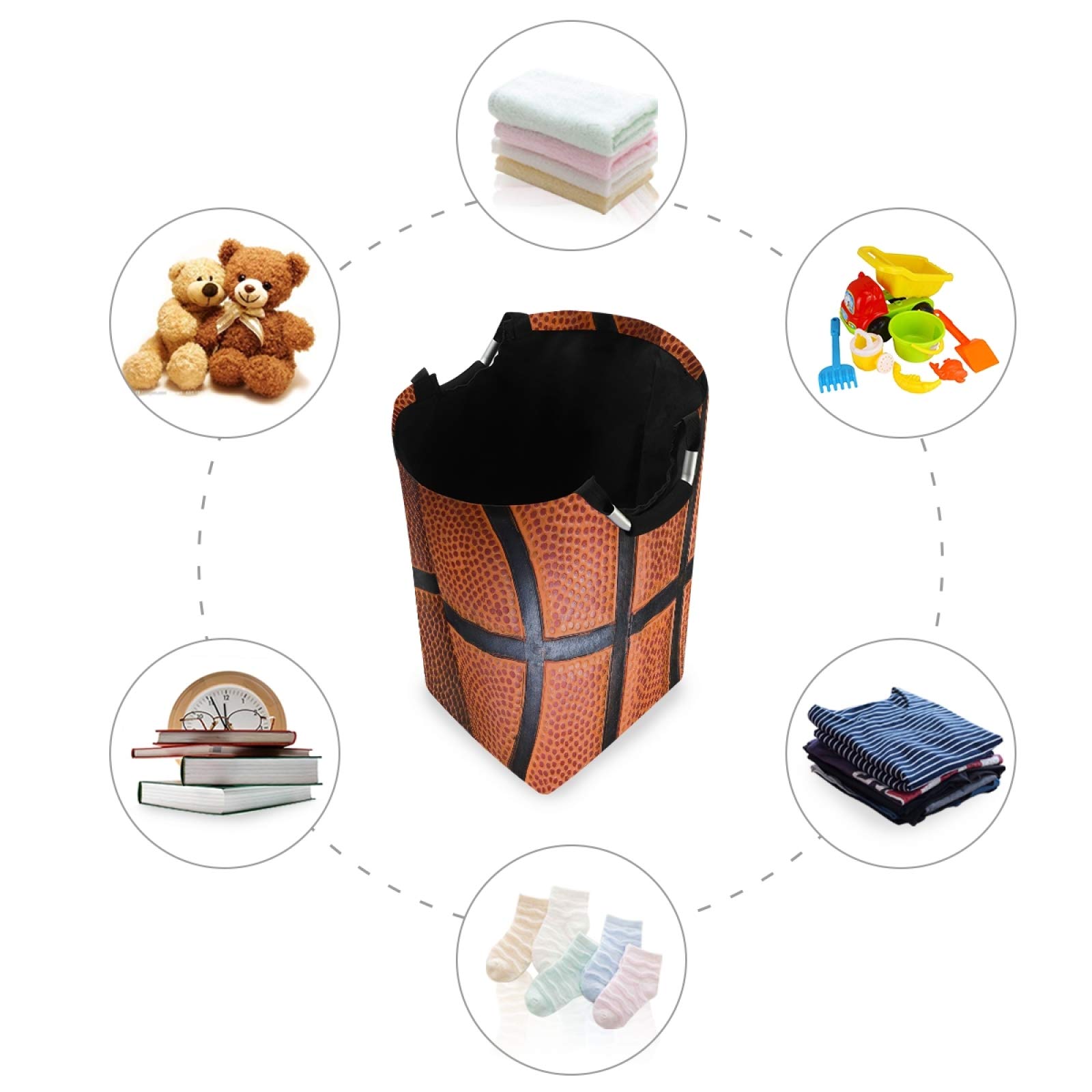 Foldable Waterproof Laundry Hamper Basket with Handles - Basketball Texture Orange Dirty Clothes Bag, Toy Storage Bin for Bathroom, Bedroom & Kids Room - Perfect for Sports Lovers & Home Organization